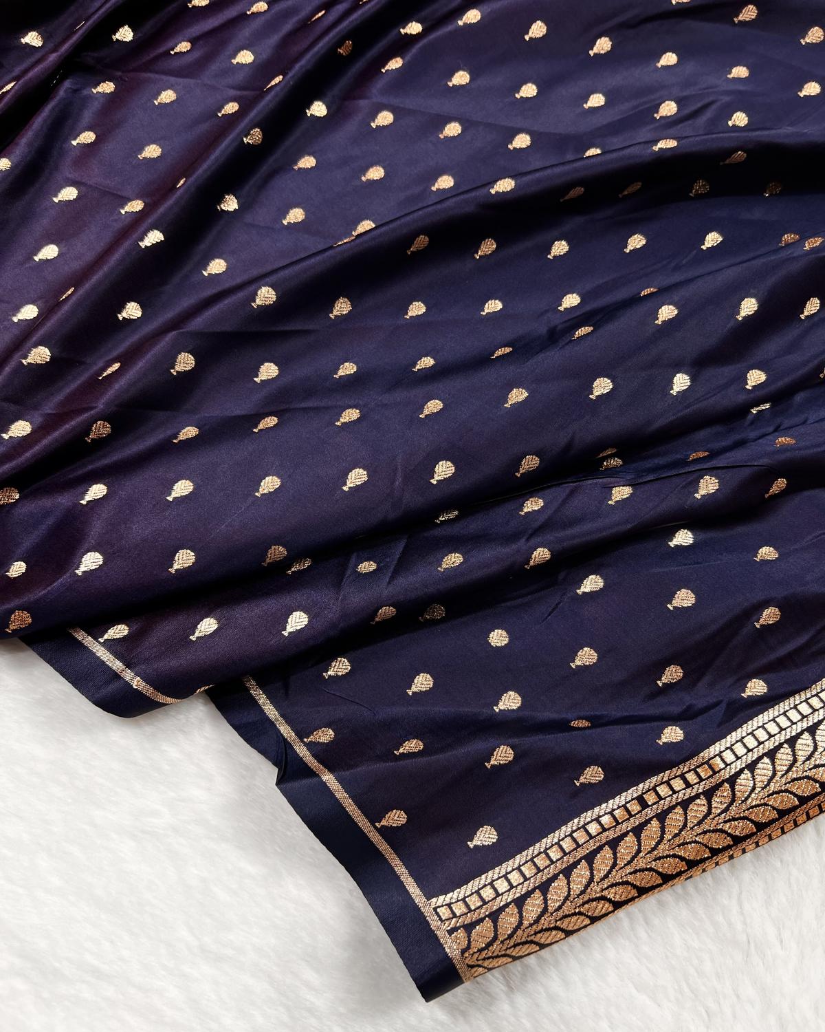 Navy Blue Shades Banarasi Floral Booti Mashru Katan Silk Saree