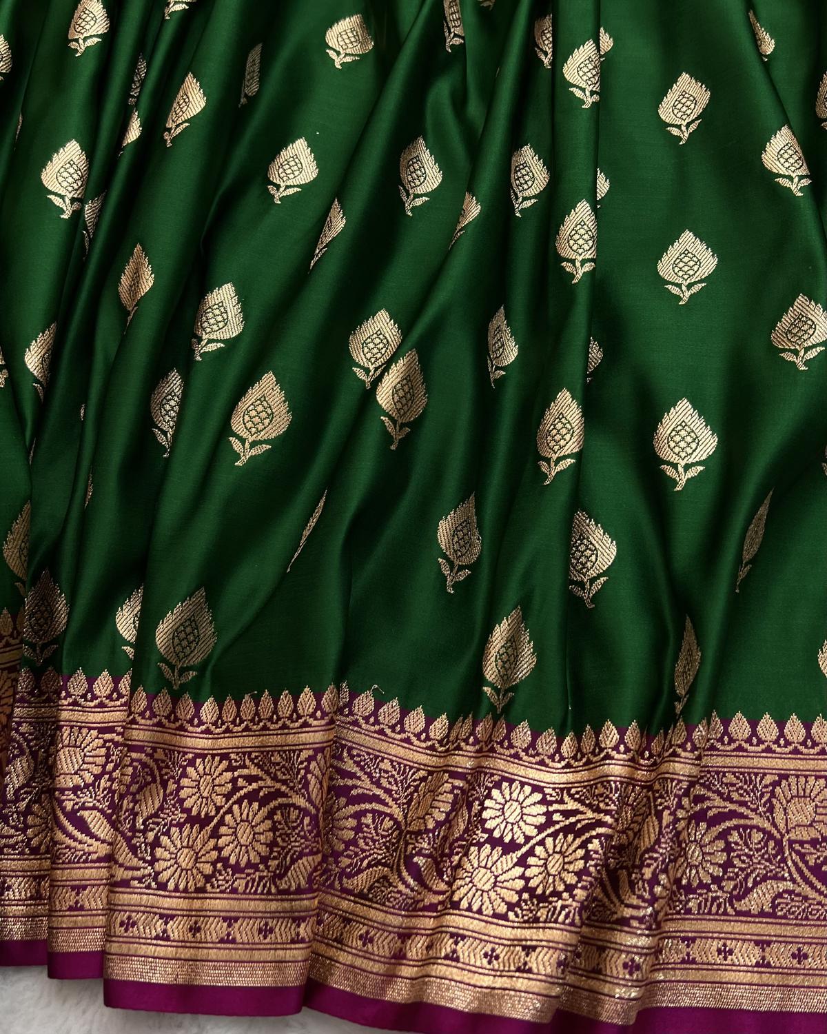 Bottle Green Banarasi Silk saree with gold zari border