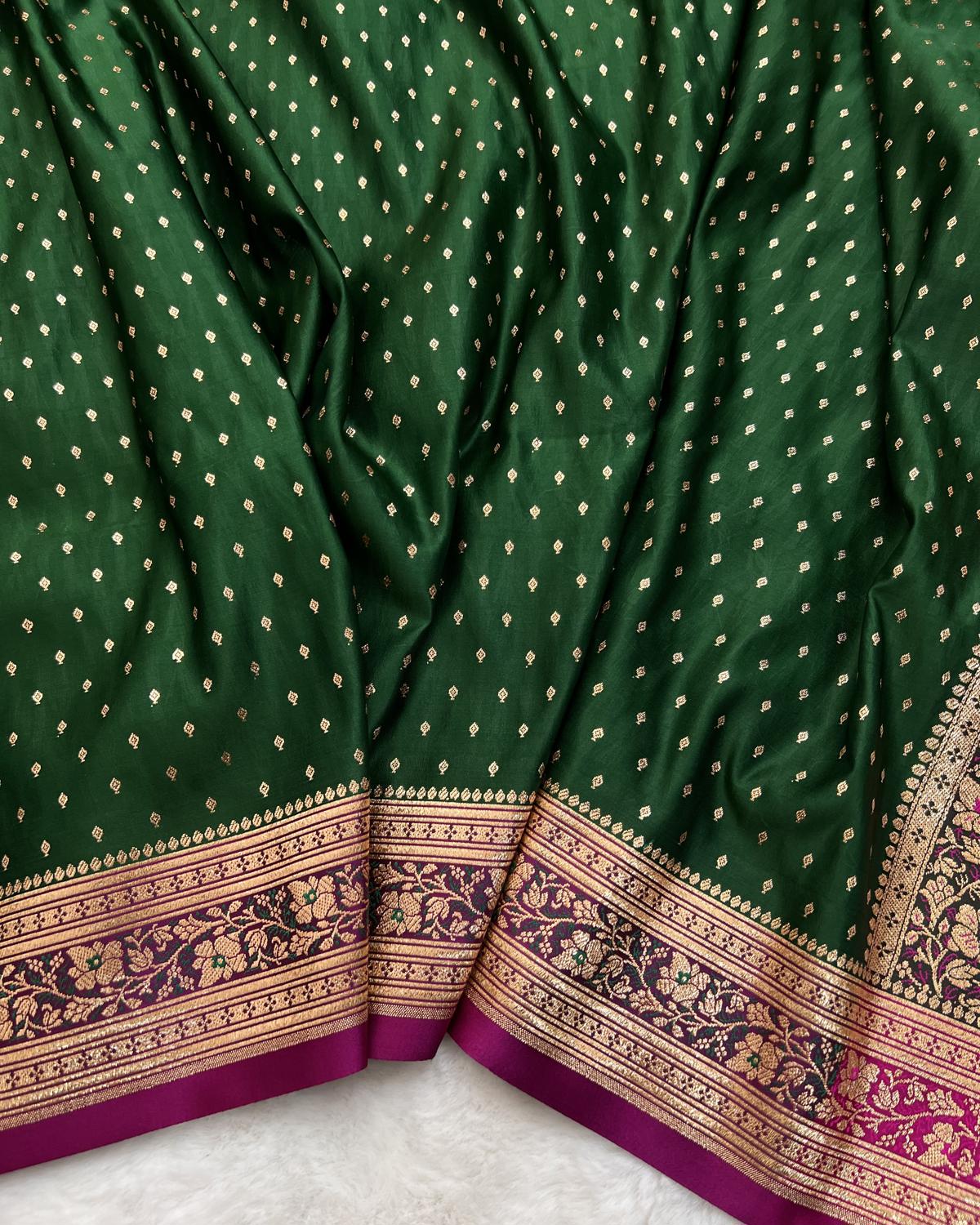 Bottle Green-Rani Shade Banarasi Micro Booti Katan Silk Saree
