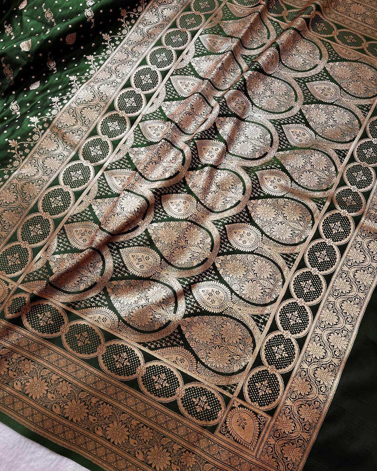 Bottle Green Shades Banarasi Multi Boota Satin Silk Saree with Rich Pallu