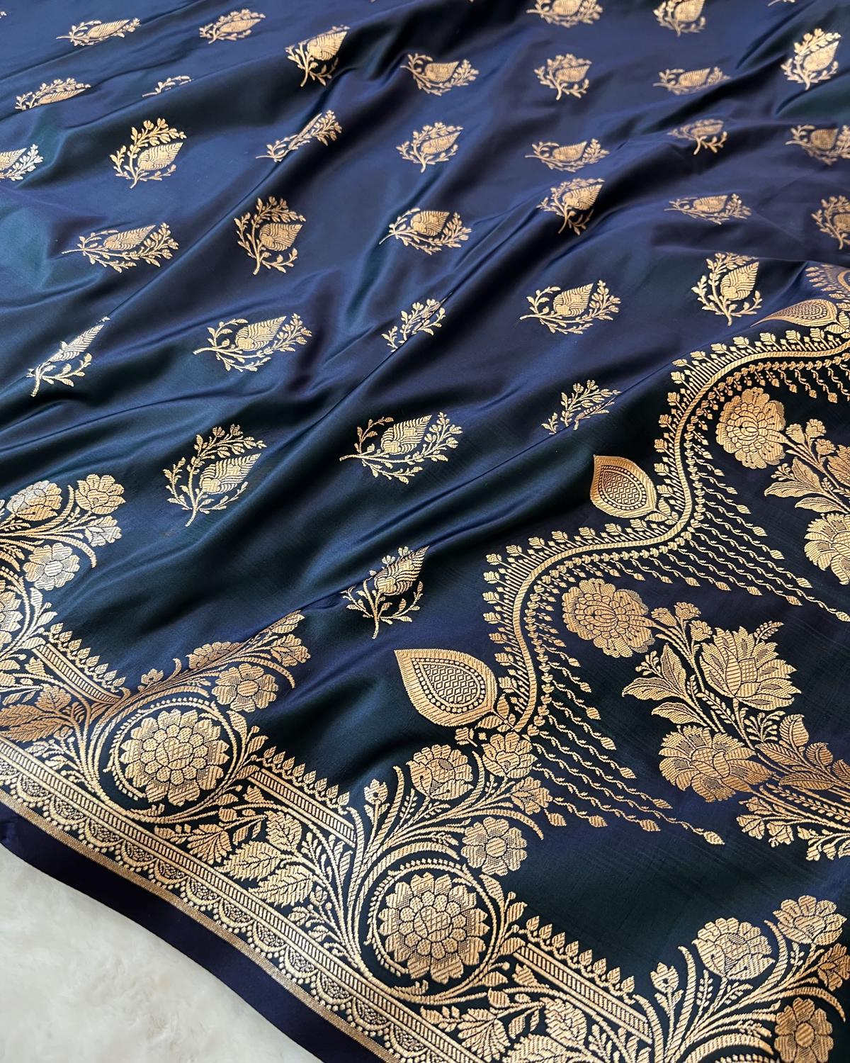 Deep German Blue Banarasi Floral Boota Mashru Katan Silk Saree