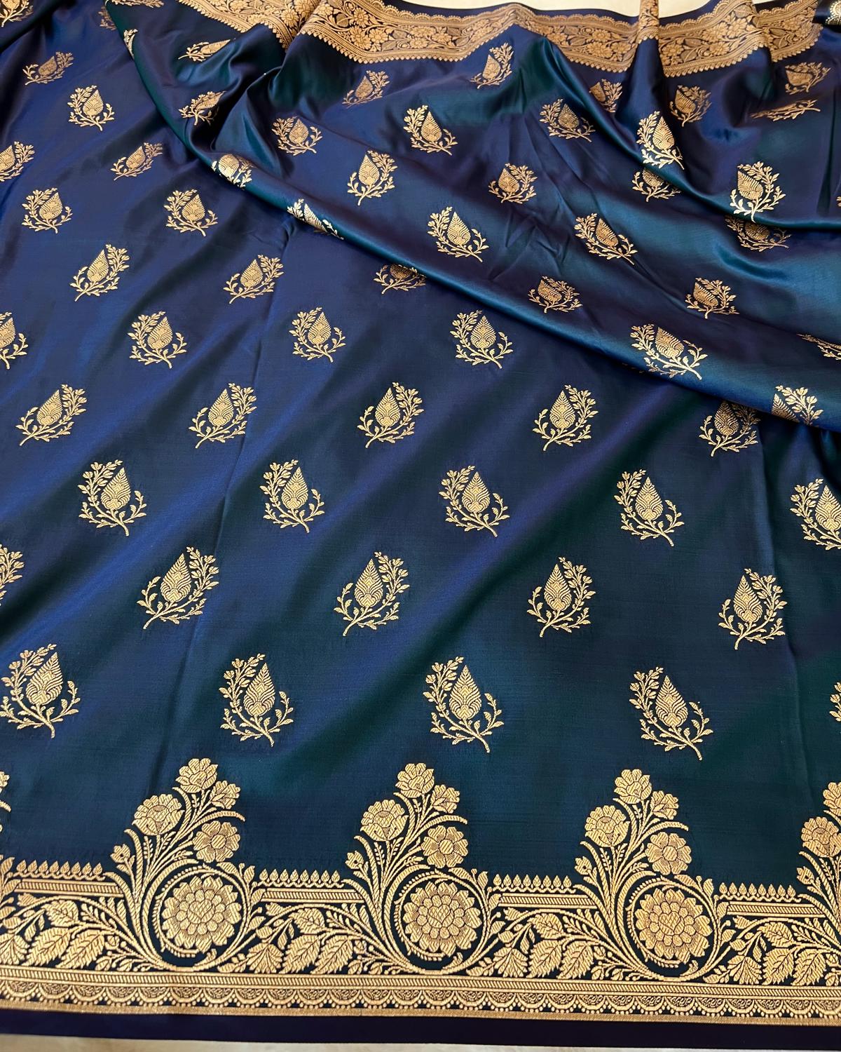 Deep German Blue Banarasi Floral Boota Mashru Katan Silk Saree
