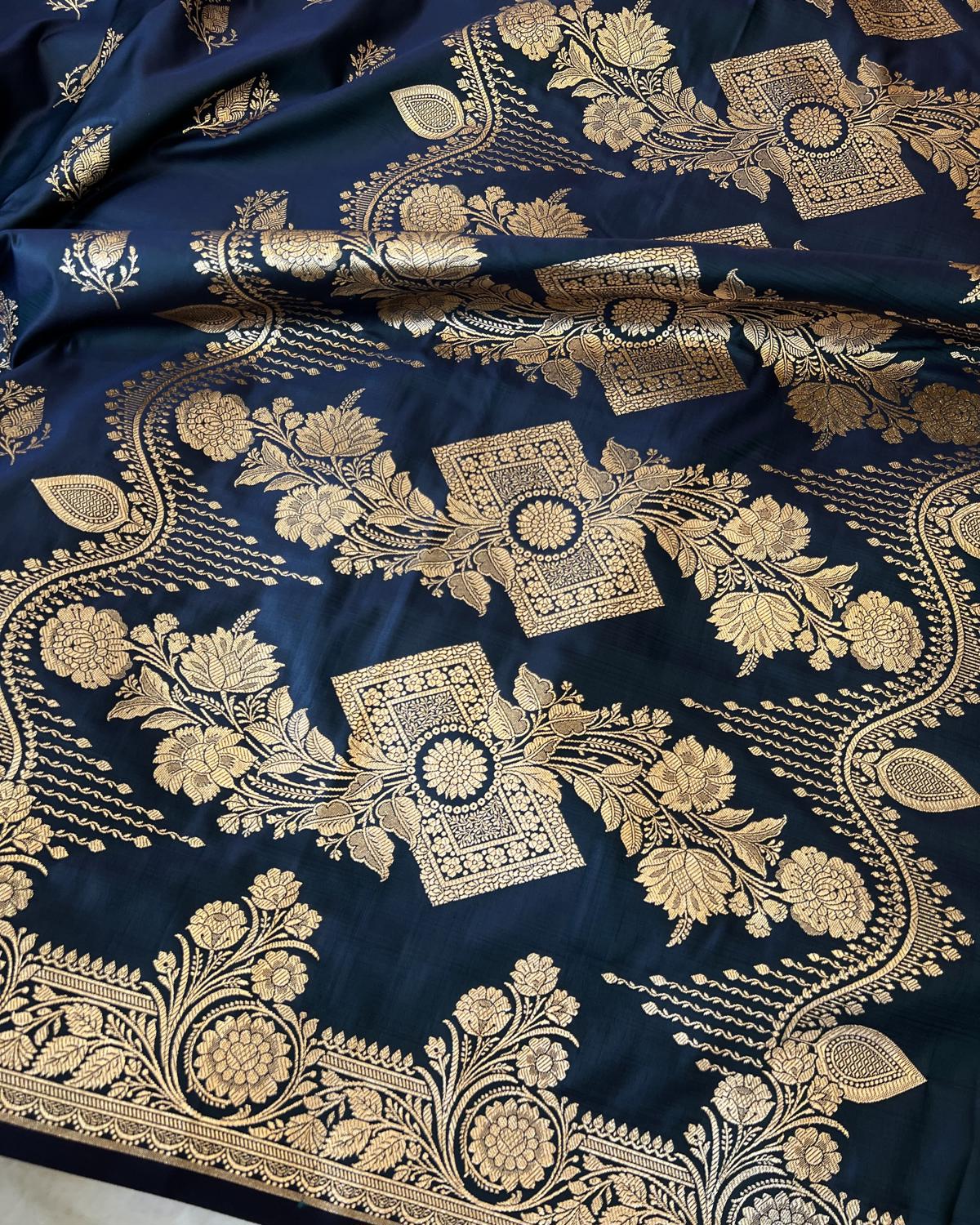 Deep German Blue Banarasi Floral Boota Mashru Katan Silk Saree