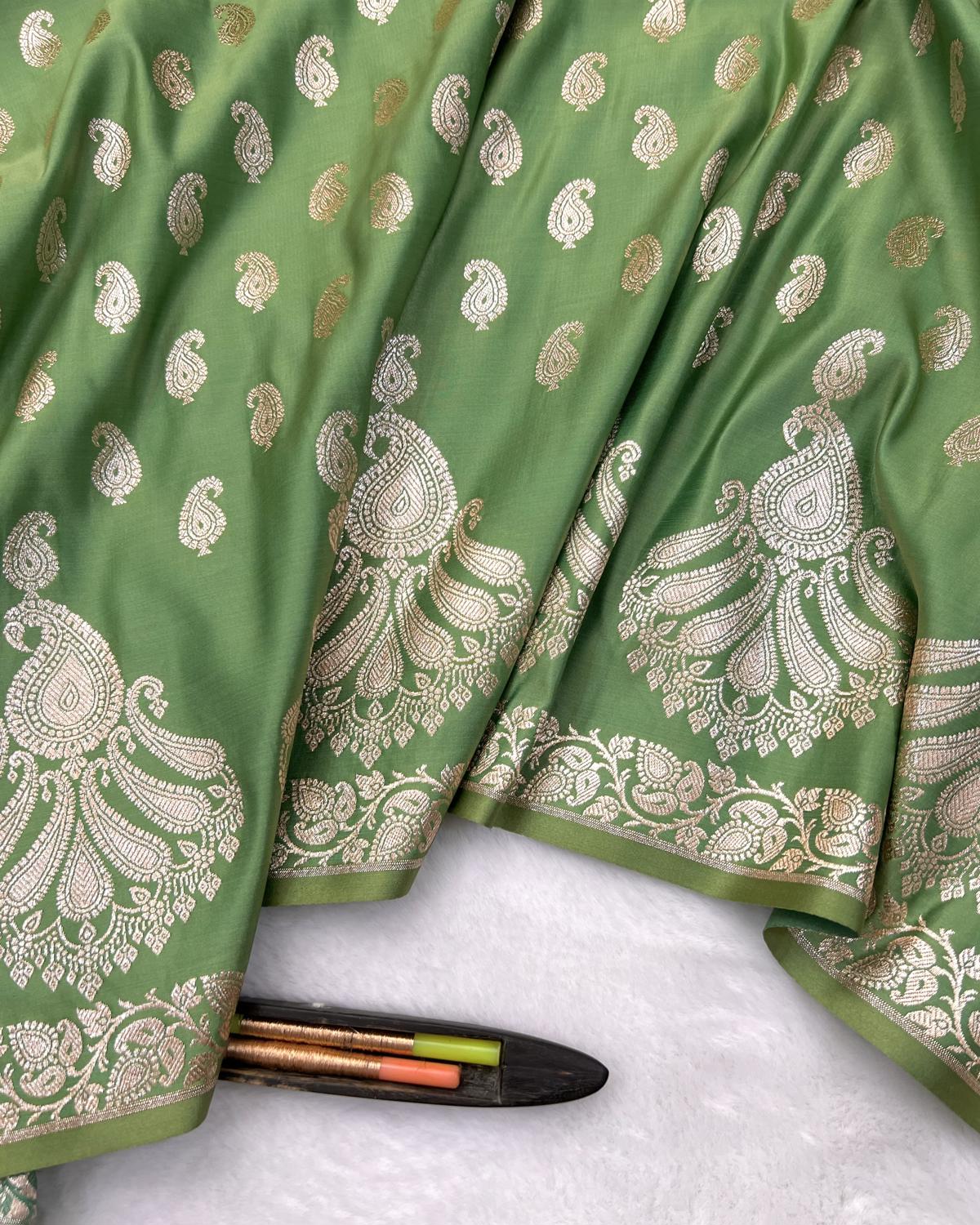 Pista Green Shade Banarasi Boota Border Katan Silk Saree