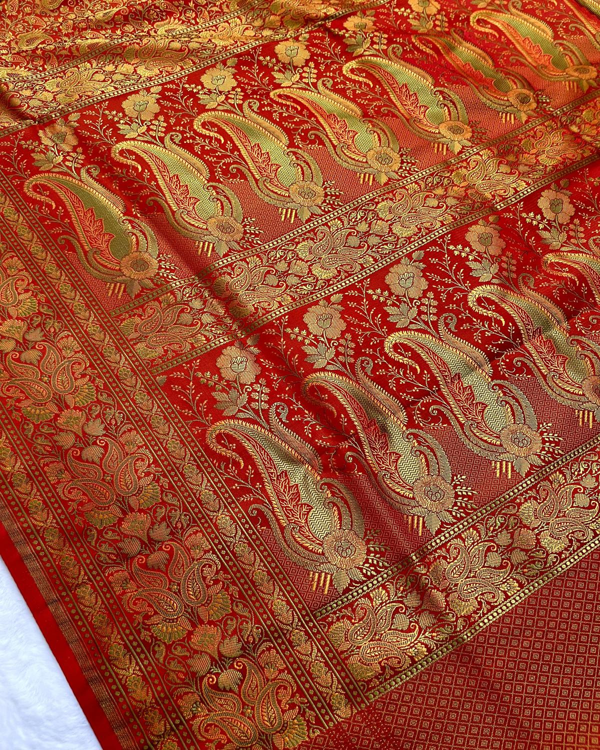 Red-Orange Pashmina Tanchui Floral Jaal Katan Silk Saree