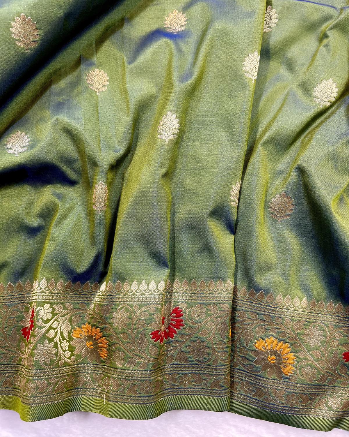 Partywear Mehandi Banarasi Leafy Boota Meena Border Katan Silk Saree