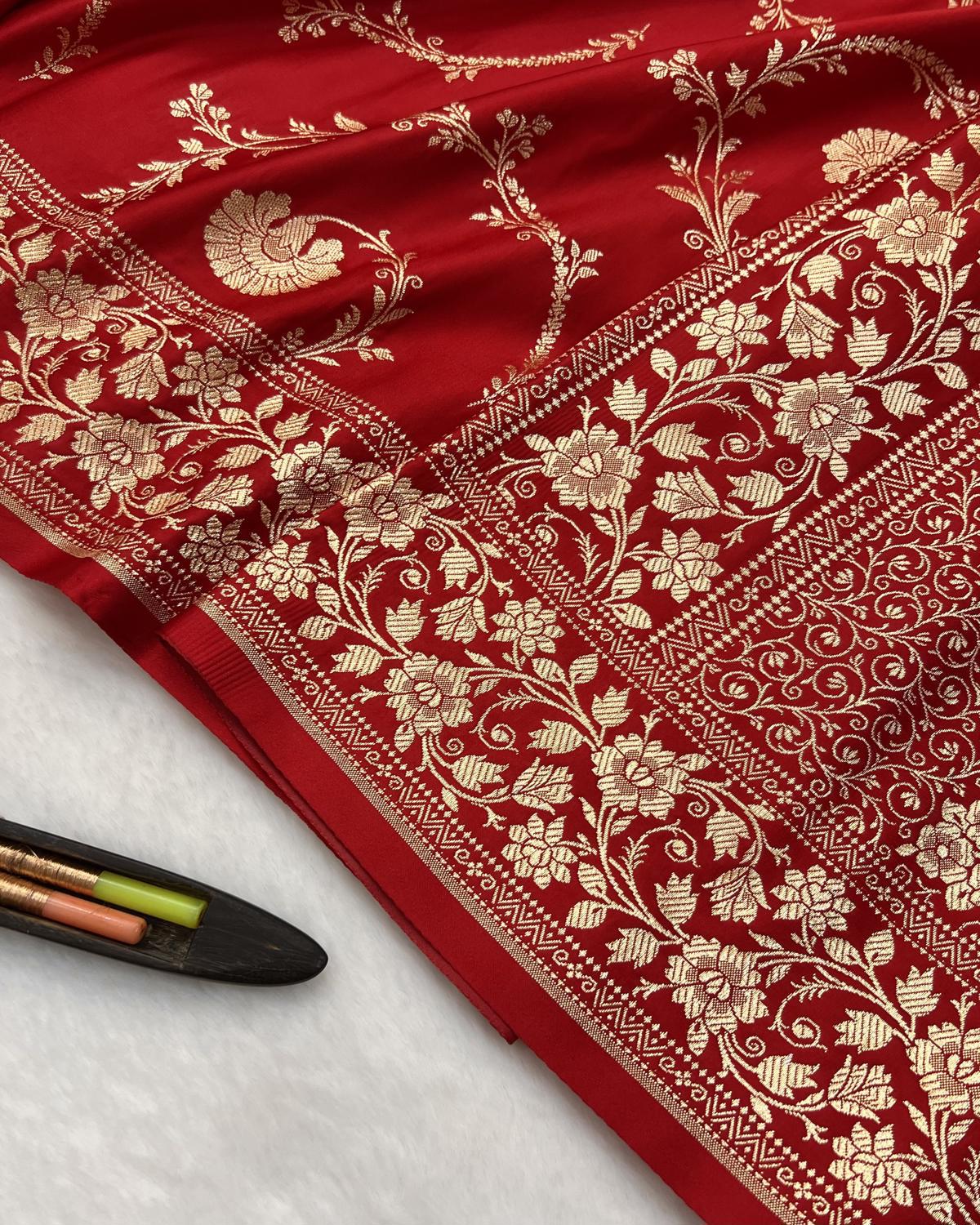 Classic Red Banarasi Floral Jaal Pattern Katan Silk Saree