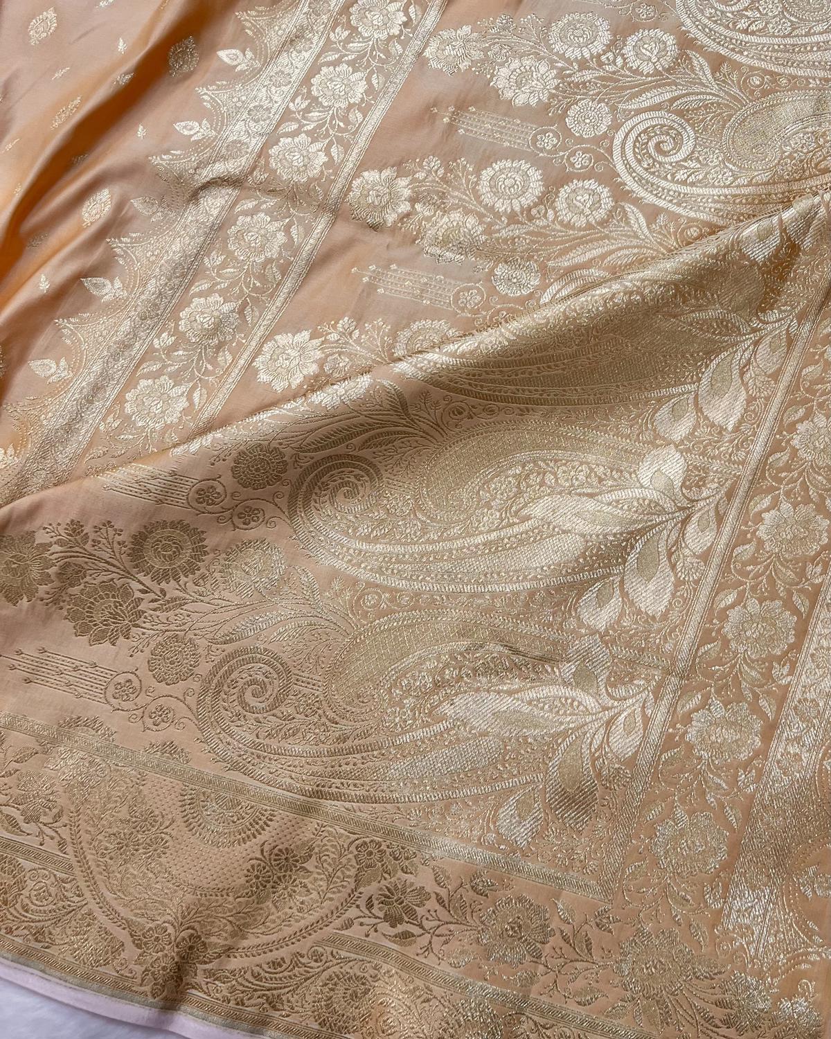 Pastel Peach Banarasi Leafy Boota Katan Silk Saree with Open Floral Border