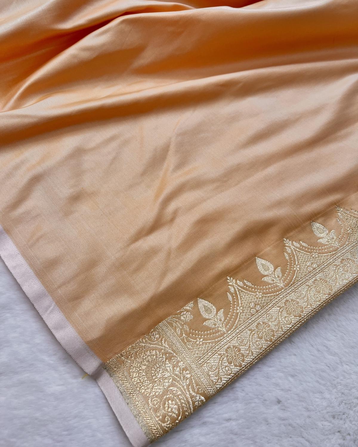 Pastel Peach Banarasi Leafy Boota Katan Silk Saree with Open Floral Border