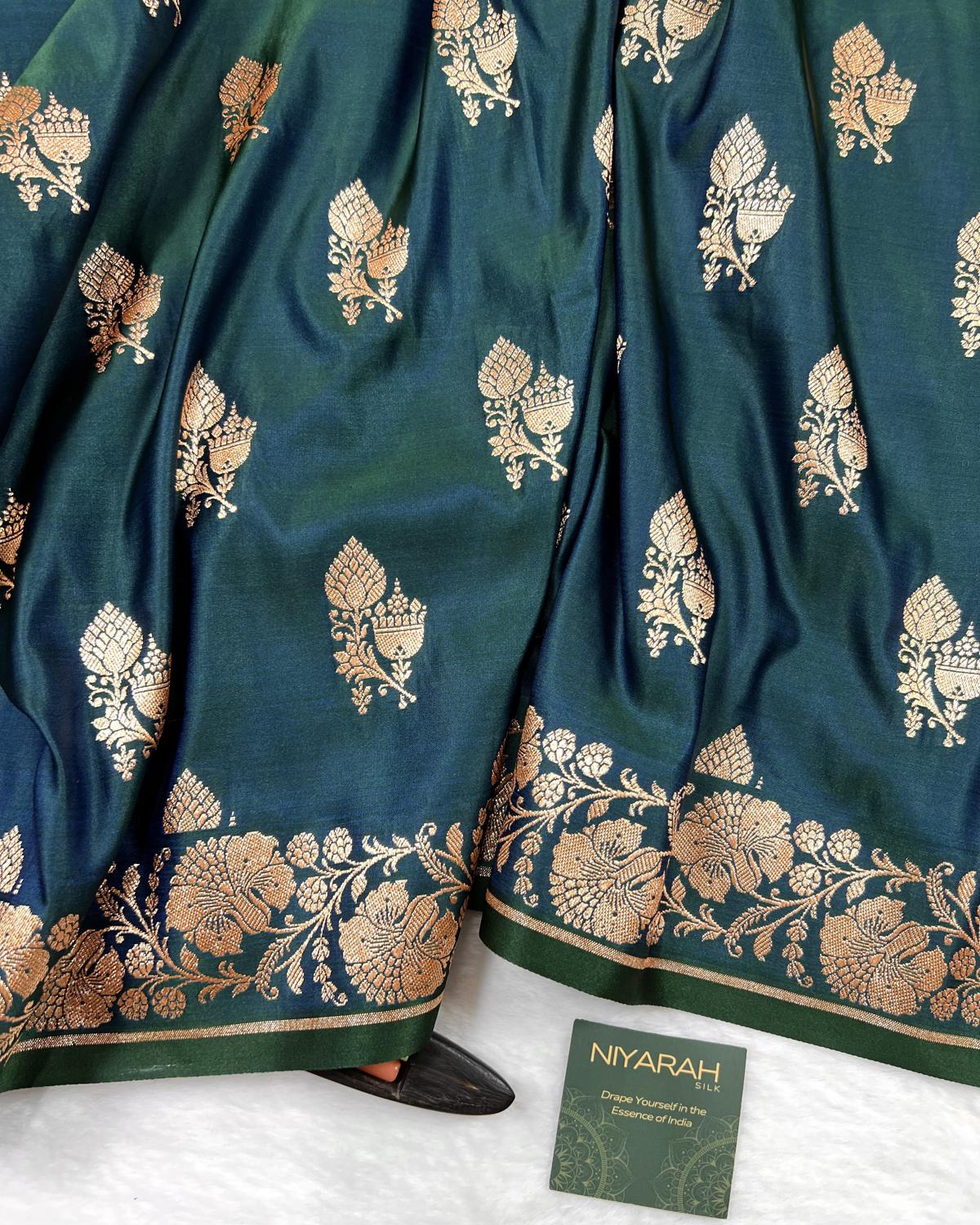 Deep Peacock Green Shades Banarasi Floral Double booti Mashru Katan Silk Saree