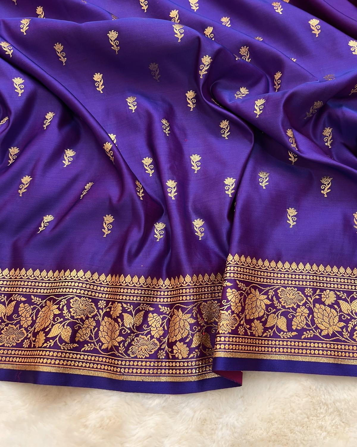 Cross Purple Banarasi Floral Booti Mashru Silk Saree