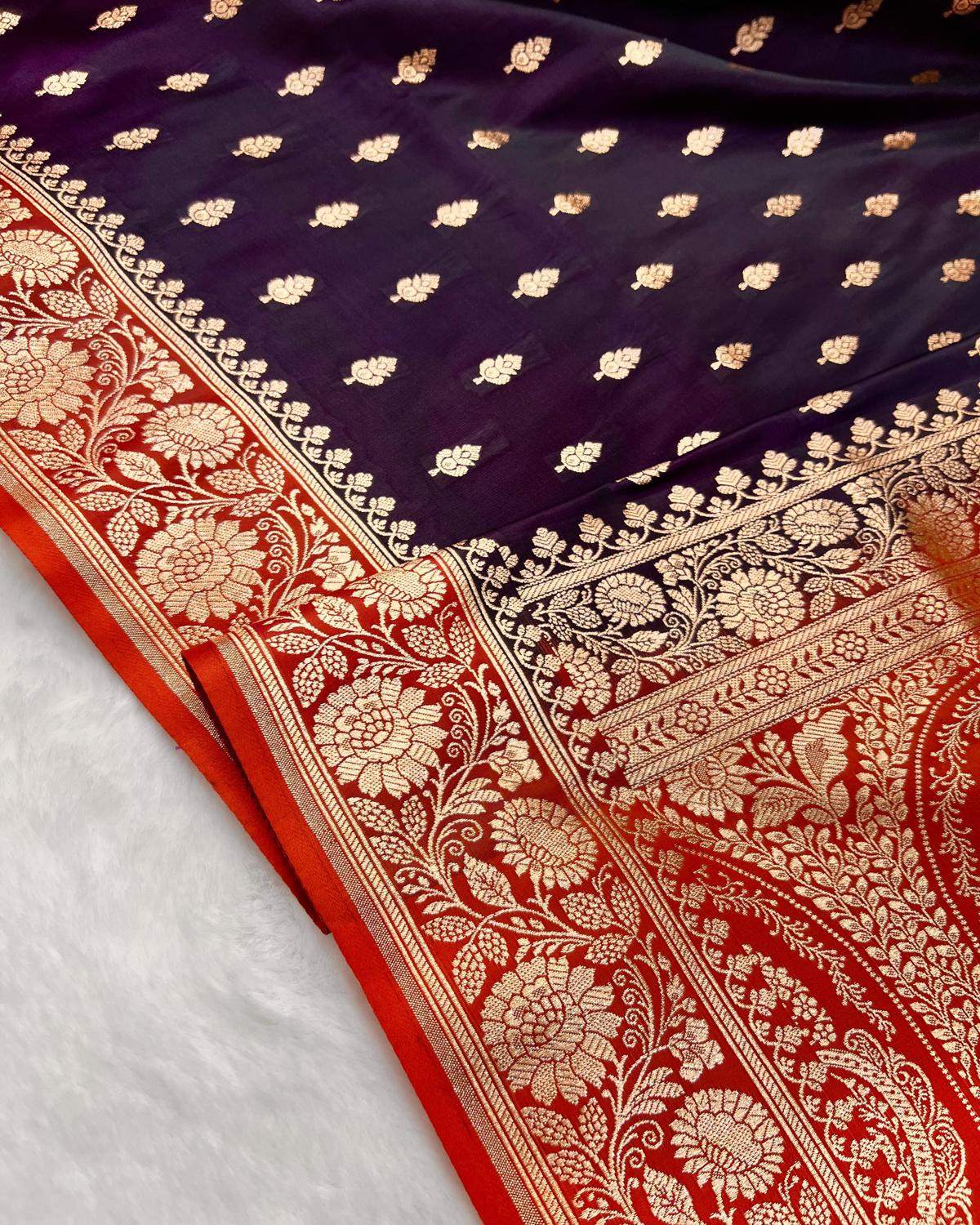 Deep Purple-Orange Banarasi Leafy Booti Katan Silk Saree