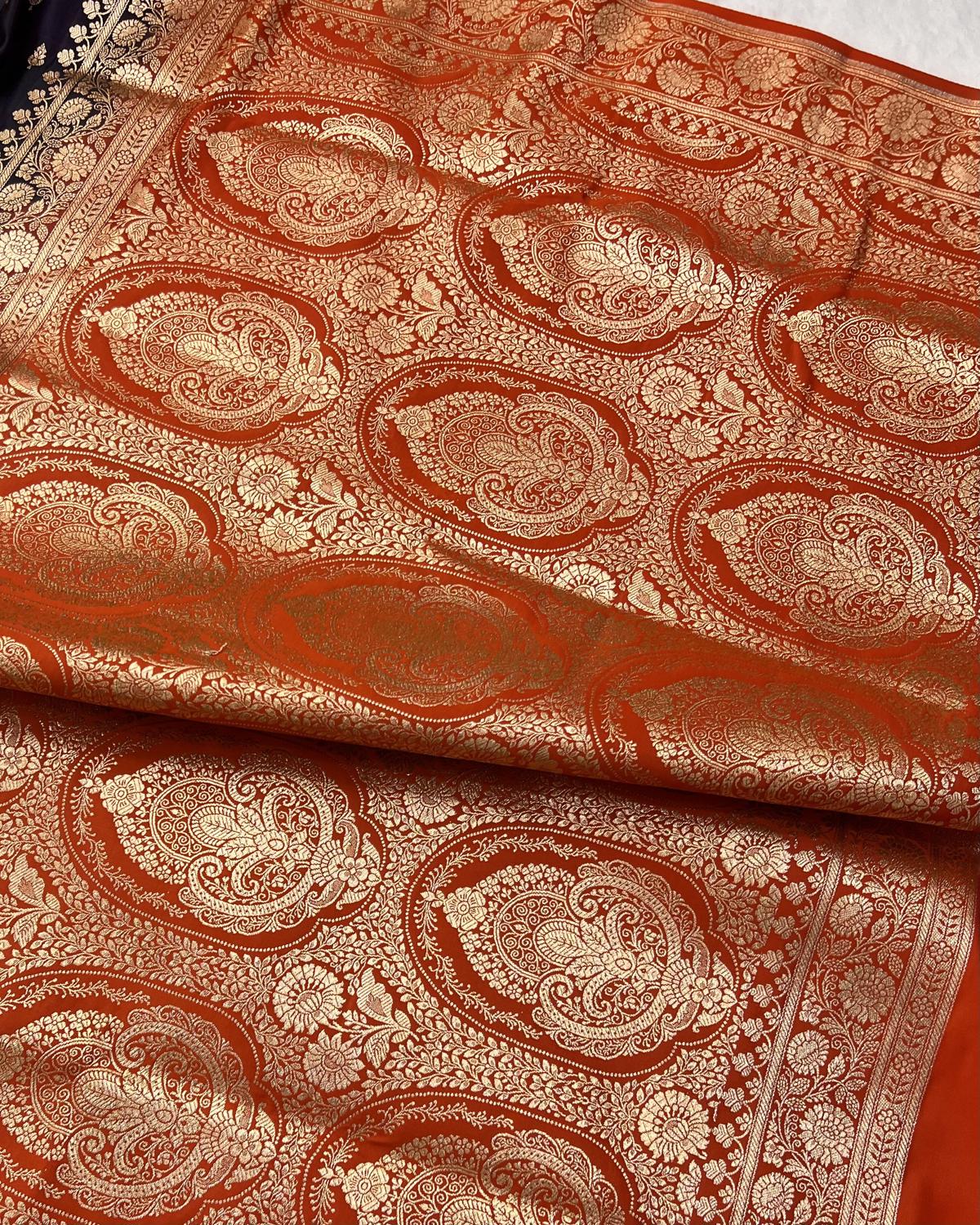 Deep Purple-Orange Banarasi Leafy Booti Katan Silk Saree