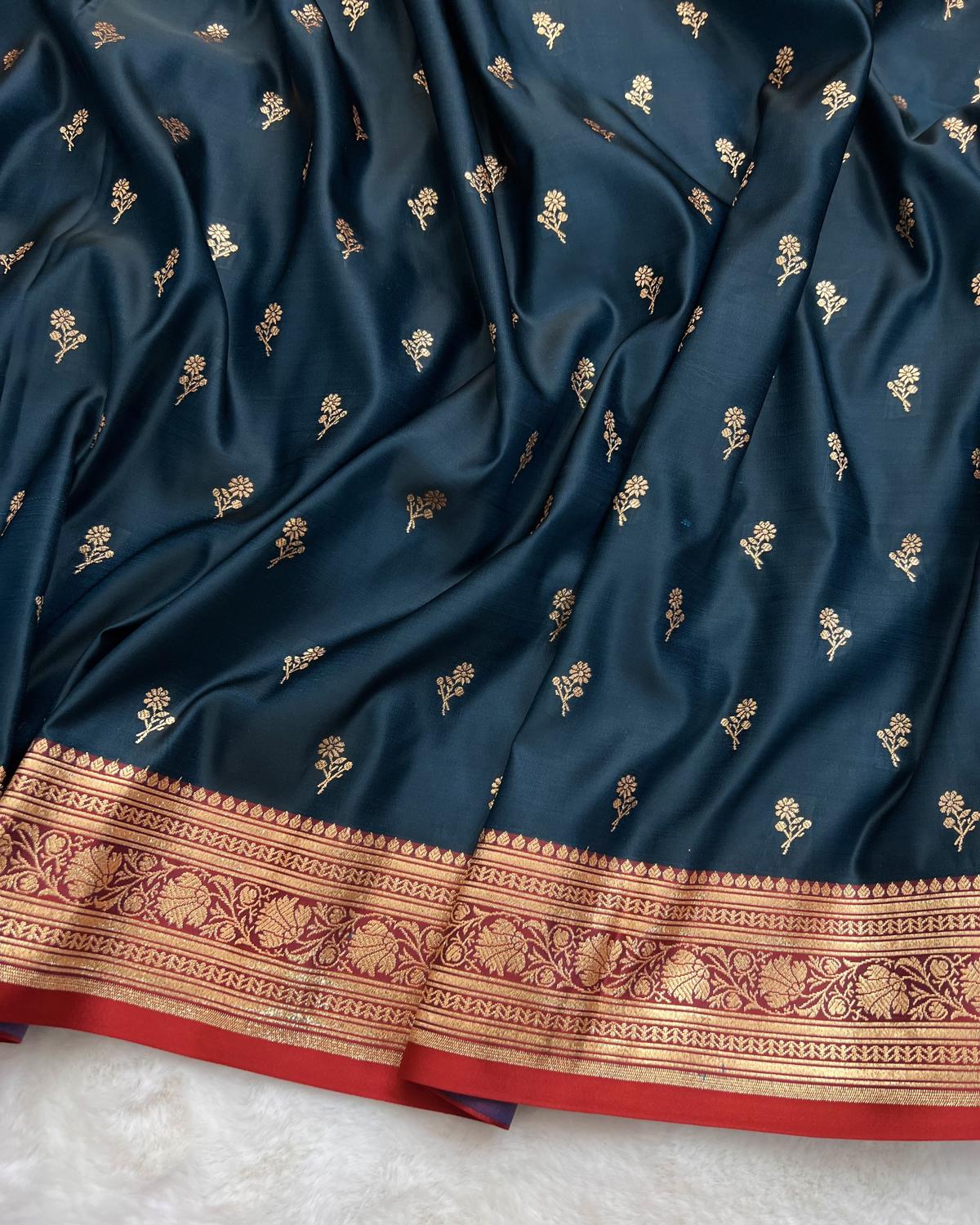 Dark Rama-Red Shade Banarasi Floral Booti Katan Silk Saree