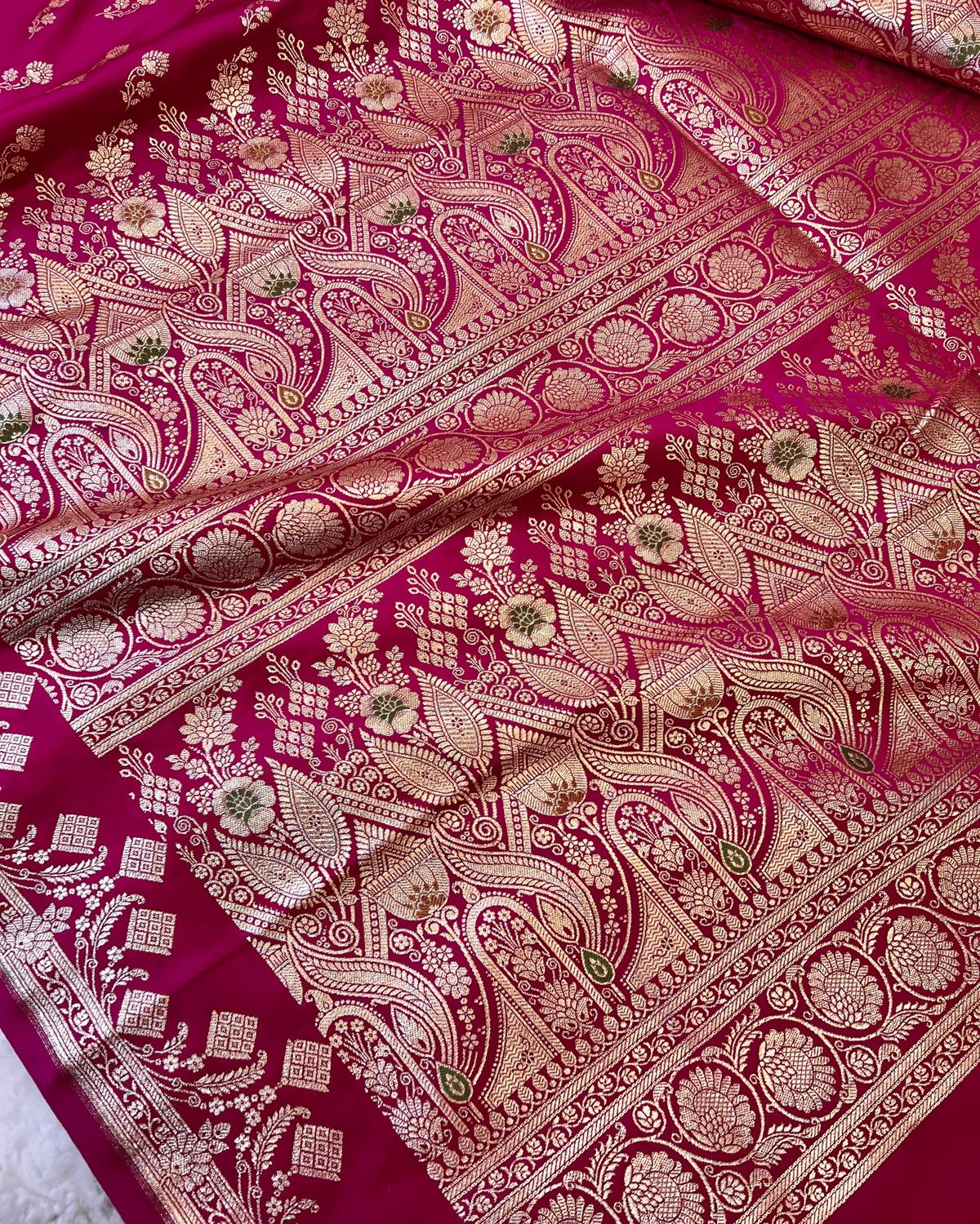 Rani Pink Shades Banarasi Floral Booti Mashru Katan Silk Saree