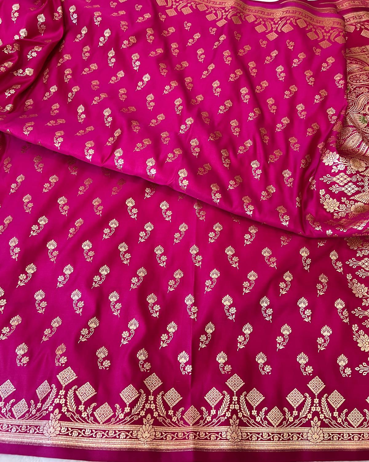 Rani Pink Shades Banarasi Floral Booti Mashru Katan Silk Saree