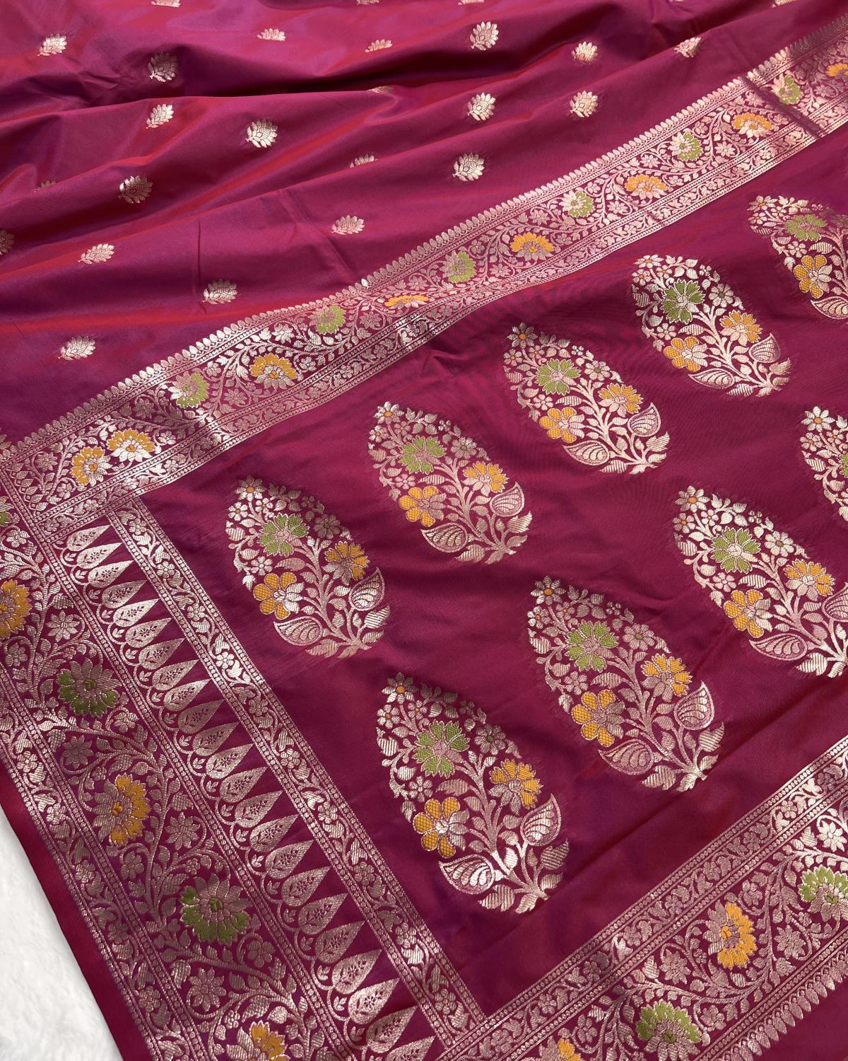 Partywear Rani Pink Banarasi Leafy Boota Meena Border Katan Silk Saree