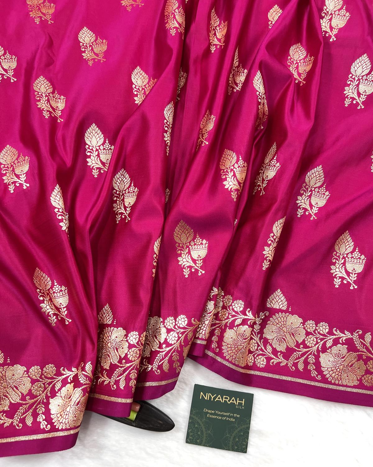 Rani Pink Shades Banarasi Floral Double booti Mashru Katan Silk Saree