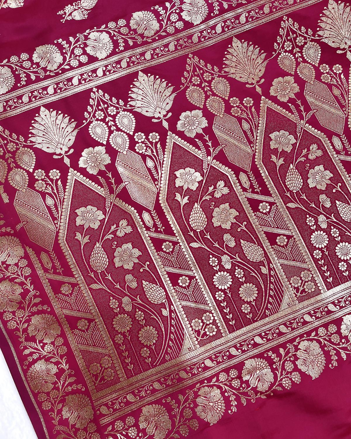 Rani Pink Shades Banarasi Floral Double booti Mashru Katan Silk Saree