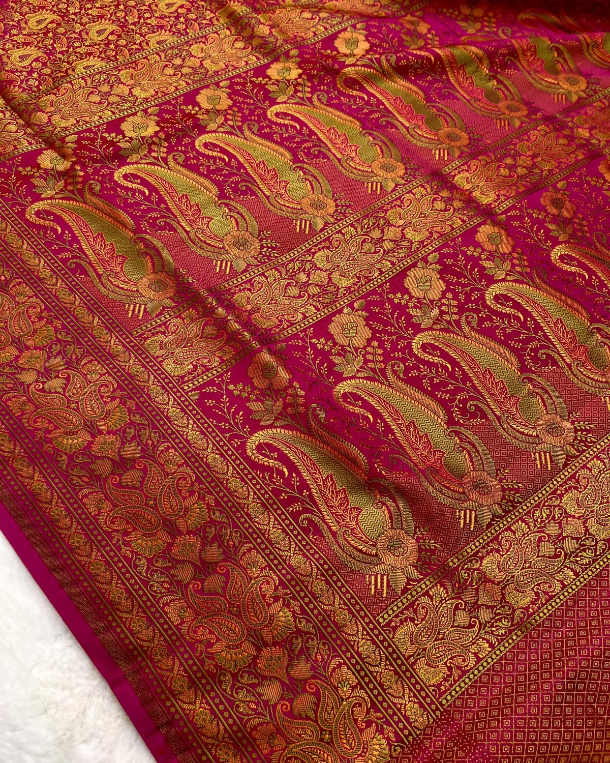 Rani Pink-Yellow Shades Pashmina Tanchui Floral Jaal Katan Silk Saree