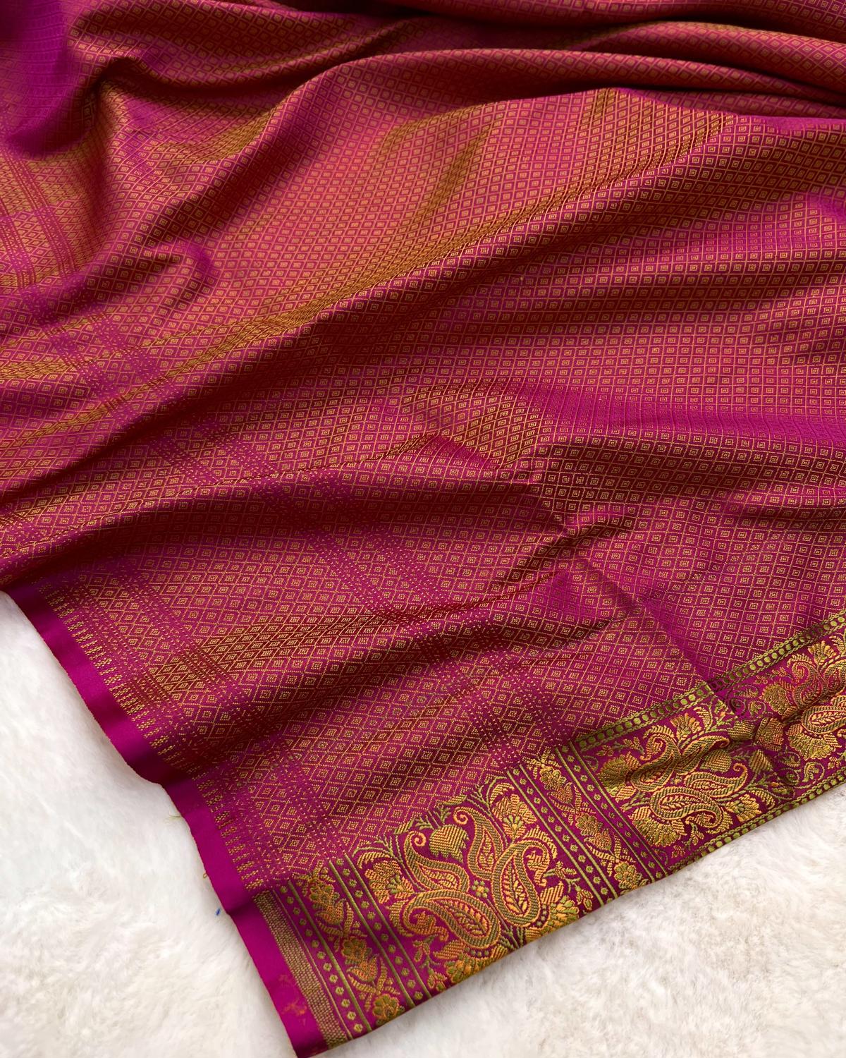 Rani Pink-Yellow Shades Pashmina Tanchui Floral Jaal Katan Silk Saree