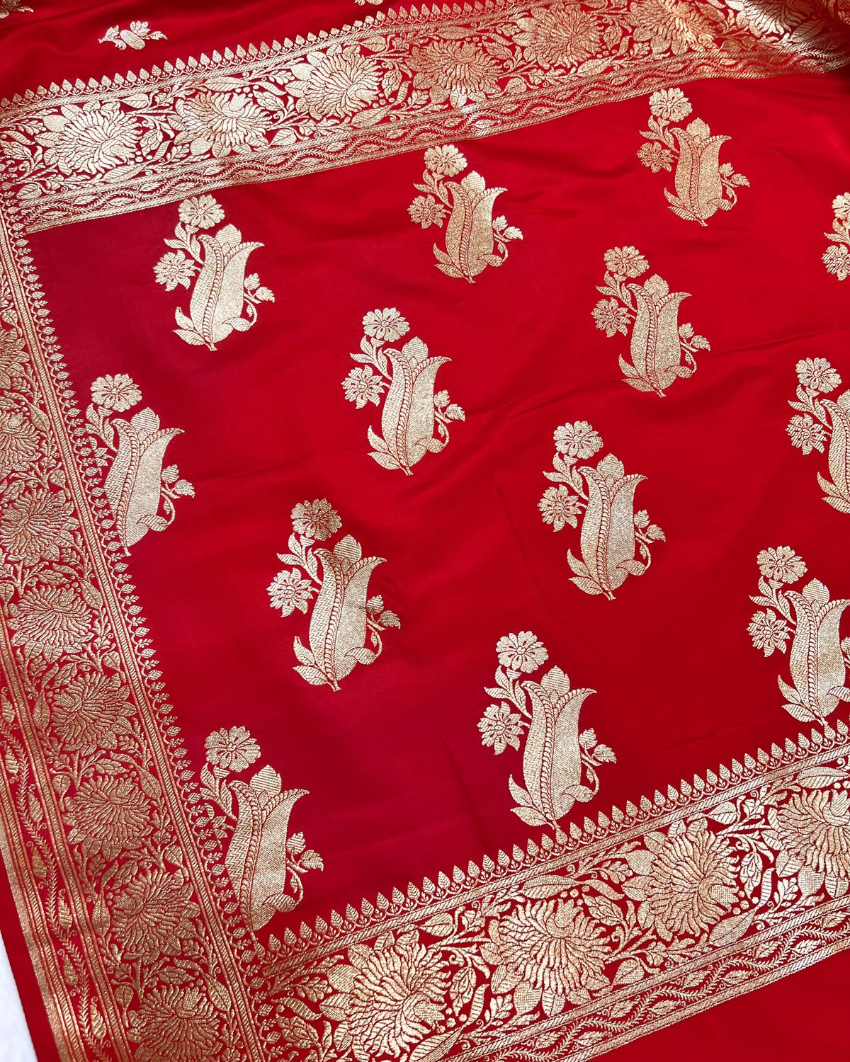 Red Banarasi Floral Booti Mashru Katan Silk Saree