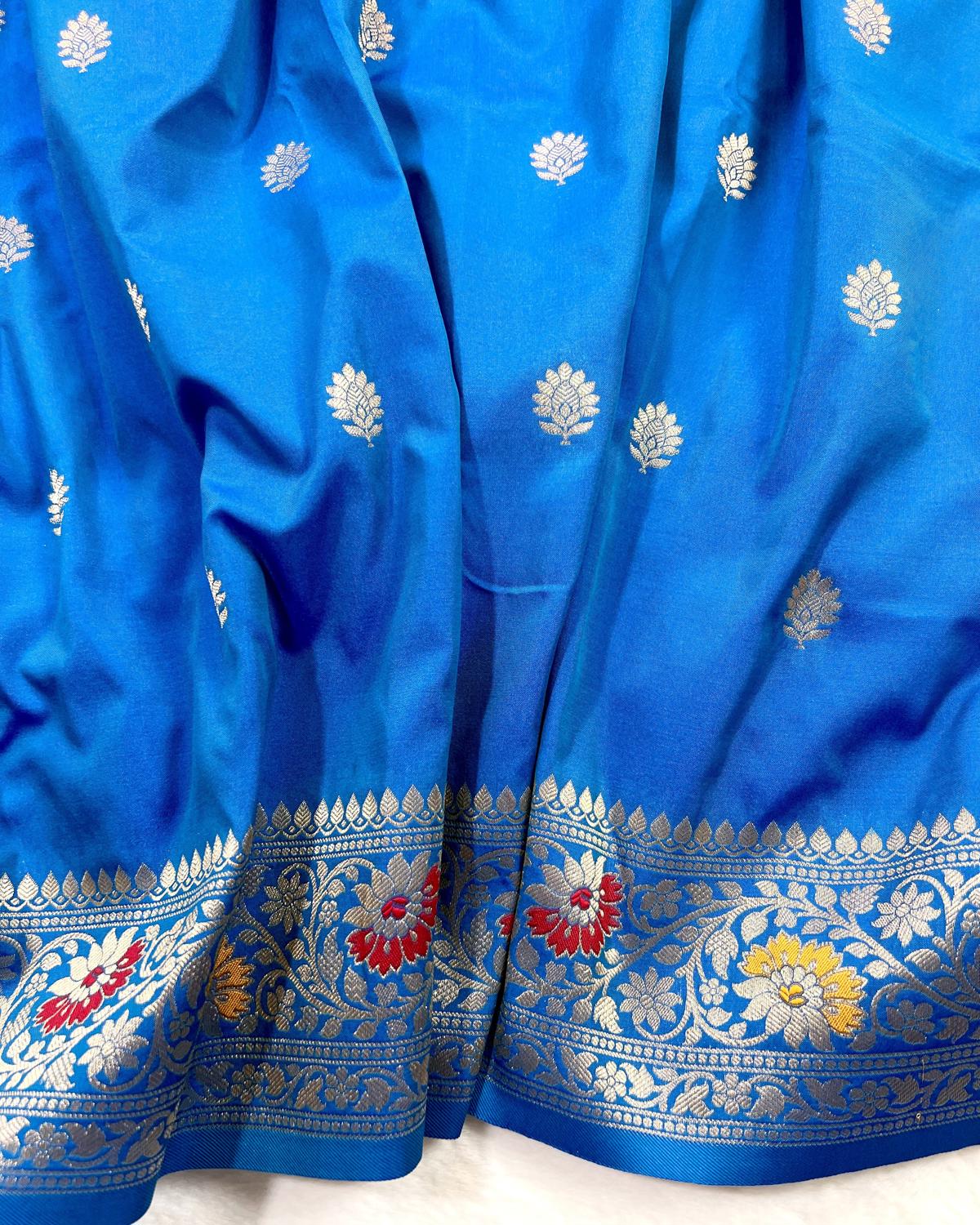 Partywear Blue Banarasi Leafy Boota Meena Border Katan Silk Saree
