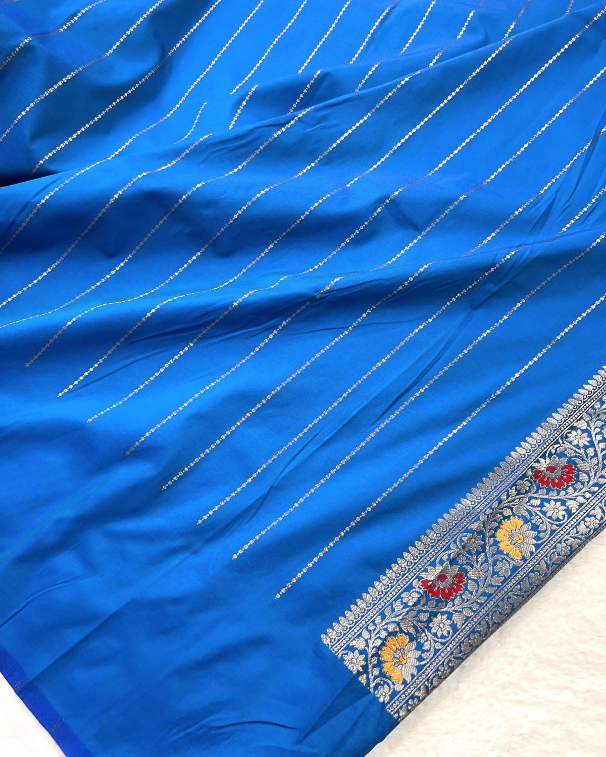 Partywear Blue Banarasi Leafy Boota Meena Border Katan Silk Saree
