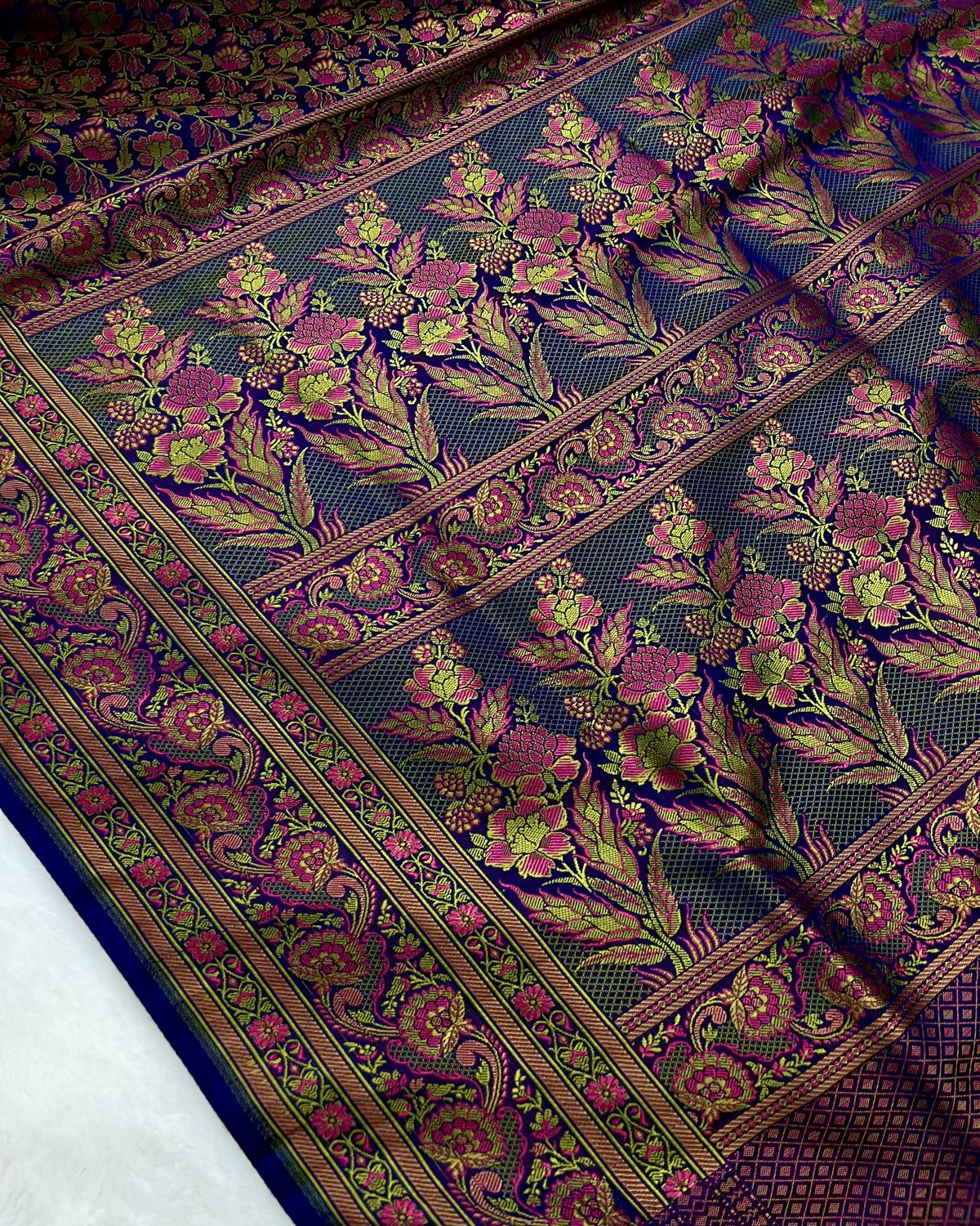 Royal Blue Tanchui Pashmina Floral Jaal Katan Silk Saree