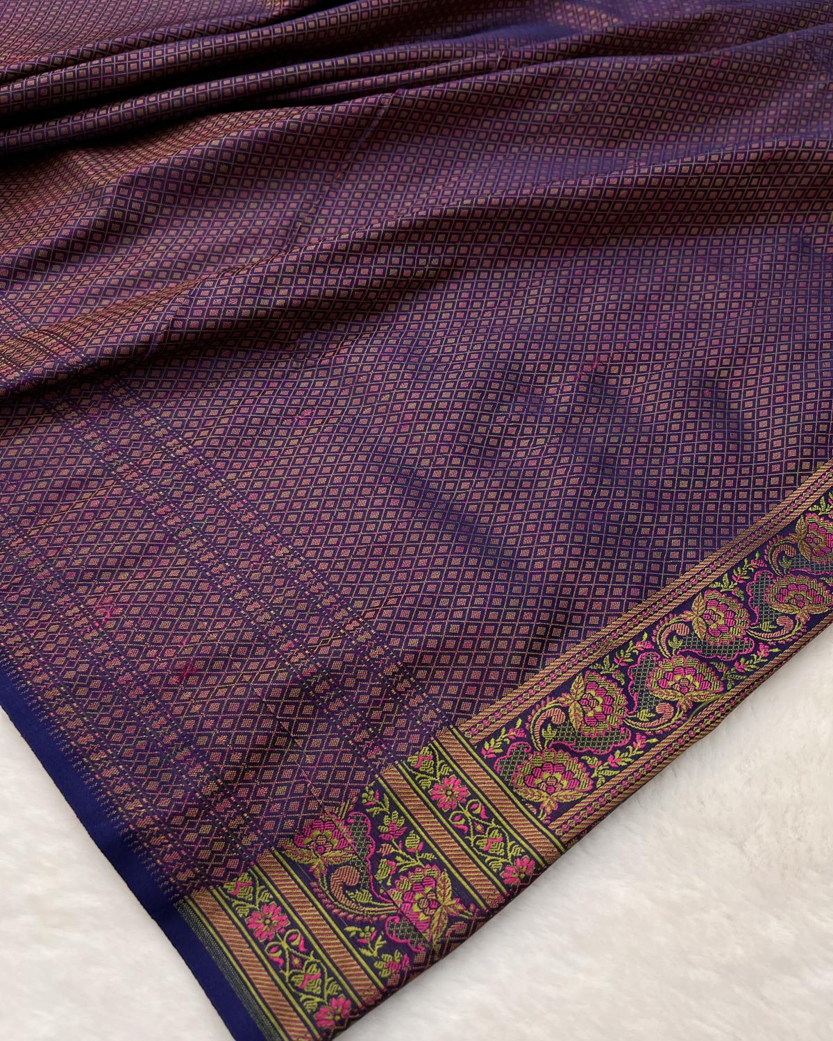 Royal Blue Tanchui Pashmina Floral Jaal Katan Silk Saree