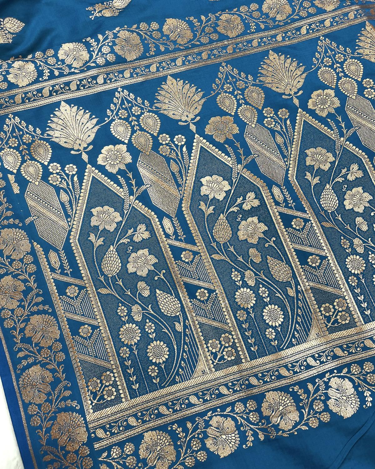 Blue Shades Banarasi Floral Double booti Mashru Katan Silk Saree
