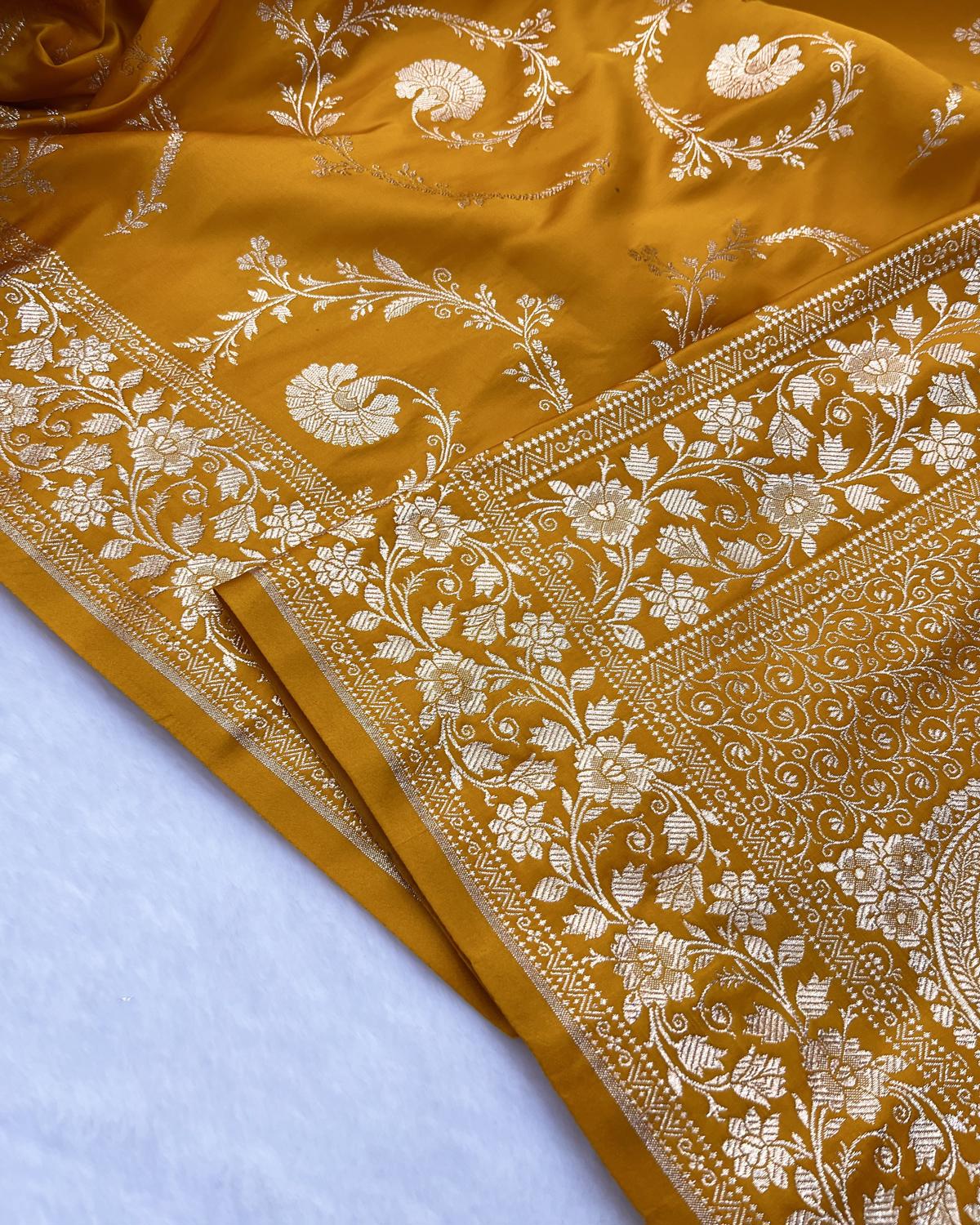 Yellow Shade Banarasi Floral Jaal Pattern Katan Silk Saree