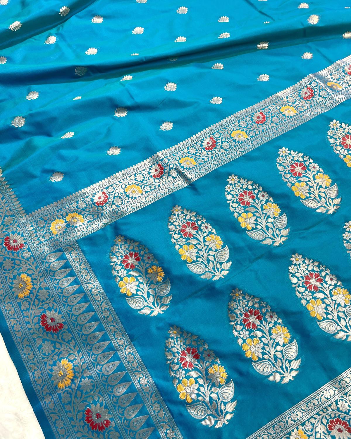 Partywear Blue Banarasi Leafy Boota Meena Border Katan Silk Saree