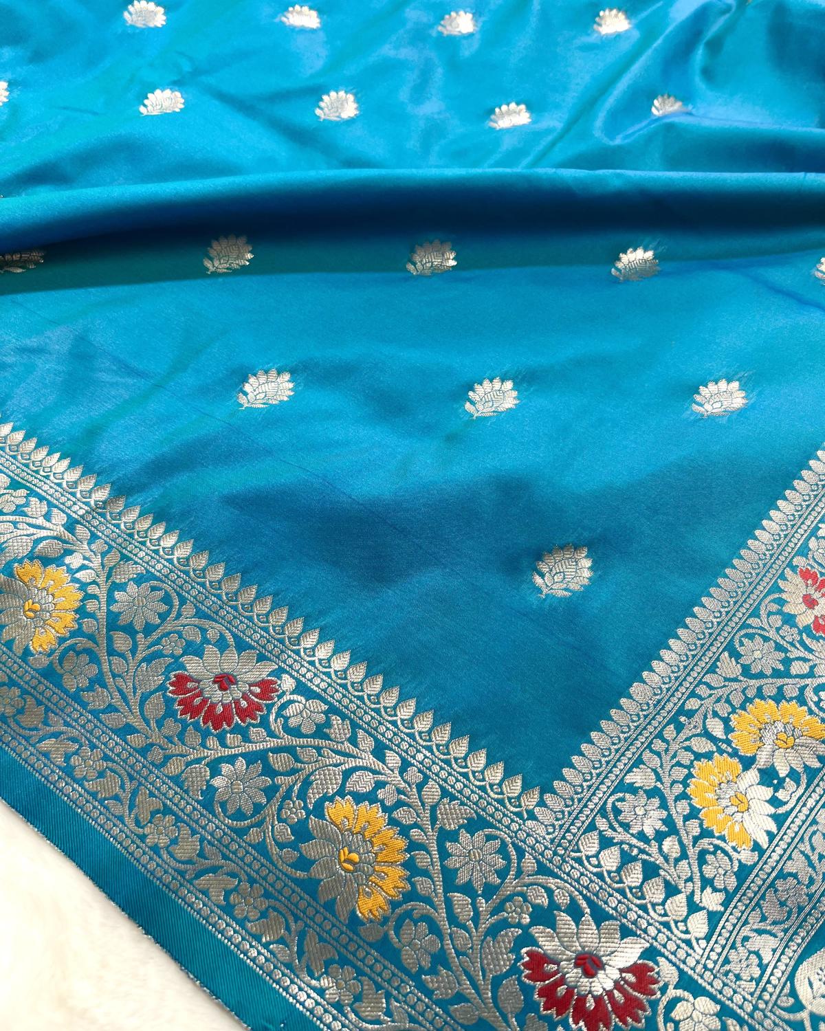 Partywear Blue Banarasi Leafy Boota Meena Border Katan Silk Saree