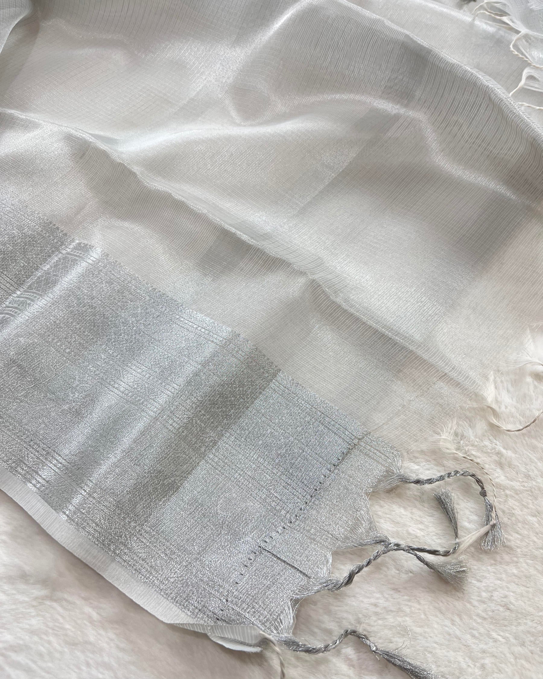 Plain Silver Zari Weaving Banarasi Soft Tissue Saree - Niyarah