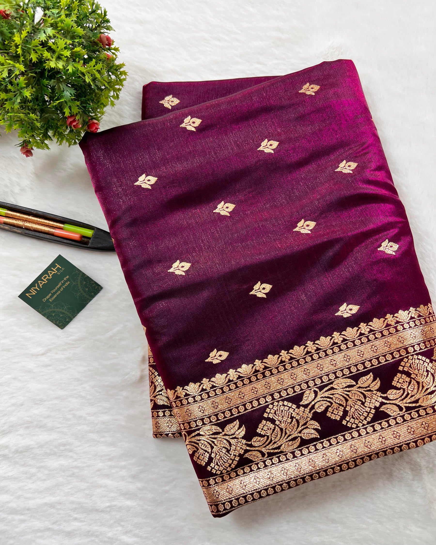 Wine Shades Banarasi Booti Mashru Satin Silk Saree - Niyarah