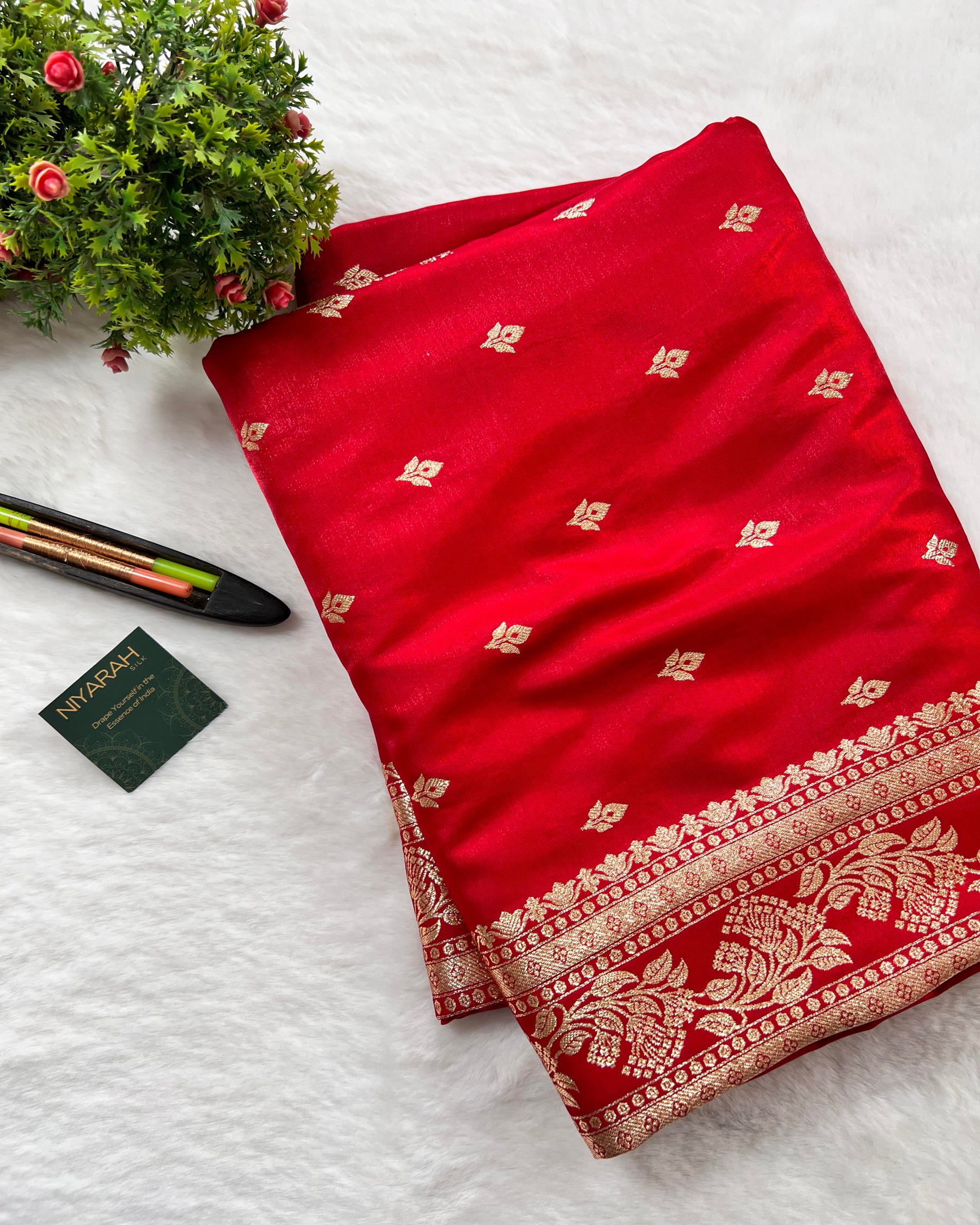 Red Banarasi Booti Mashru Satin Silk Saree - Niyarah