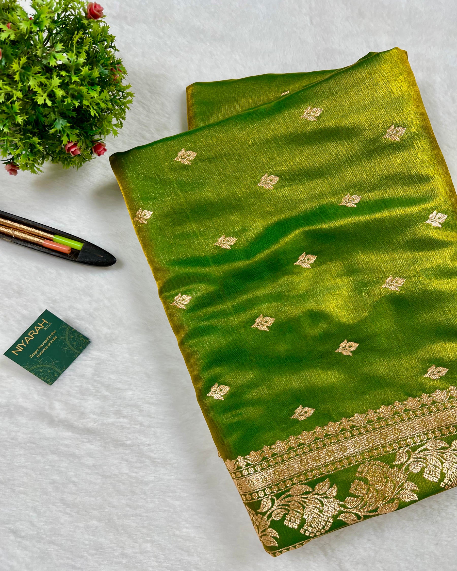 Mehandi Shades Banarasi Booti Mashru Satin Silk Saree - Niyarah