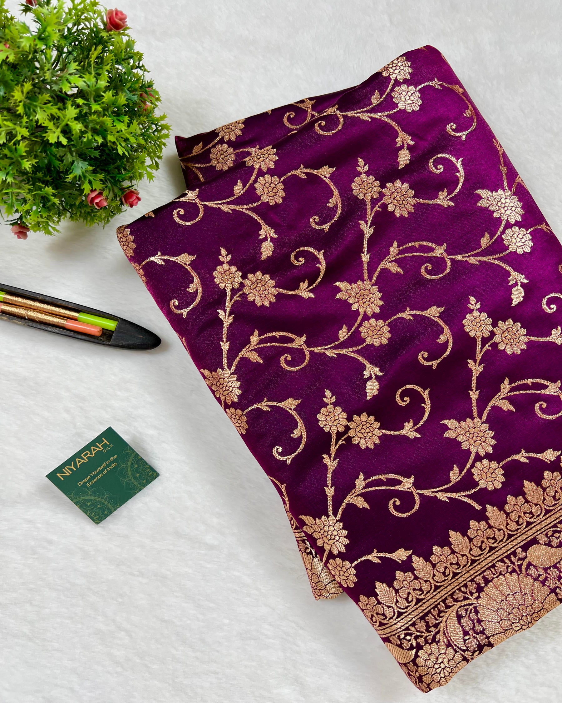 Wine Shades Floral Zaal Mashru Satin Silk Saree - Niyarah
