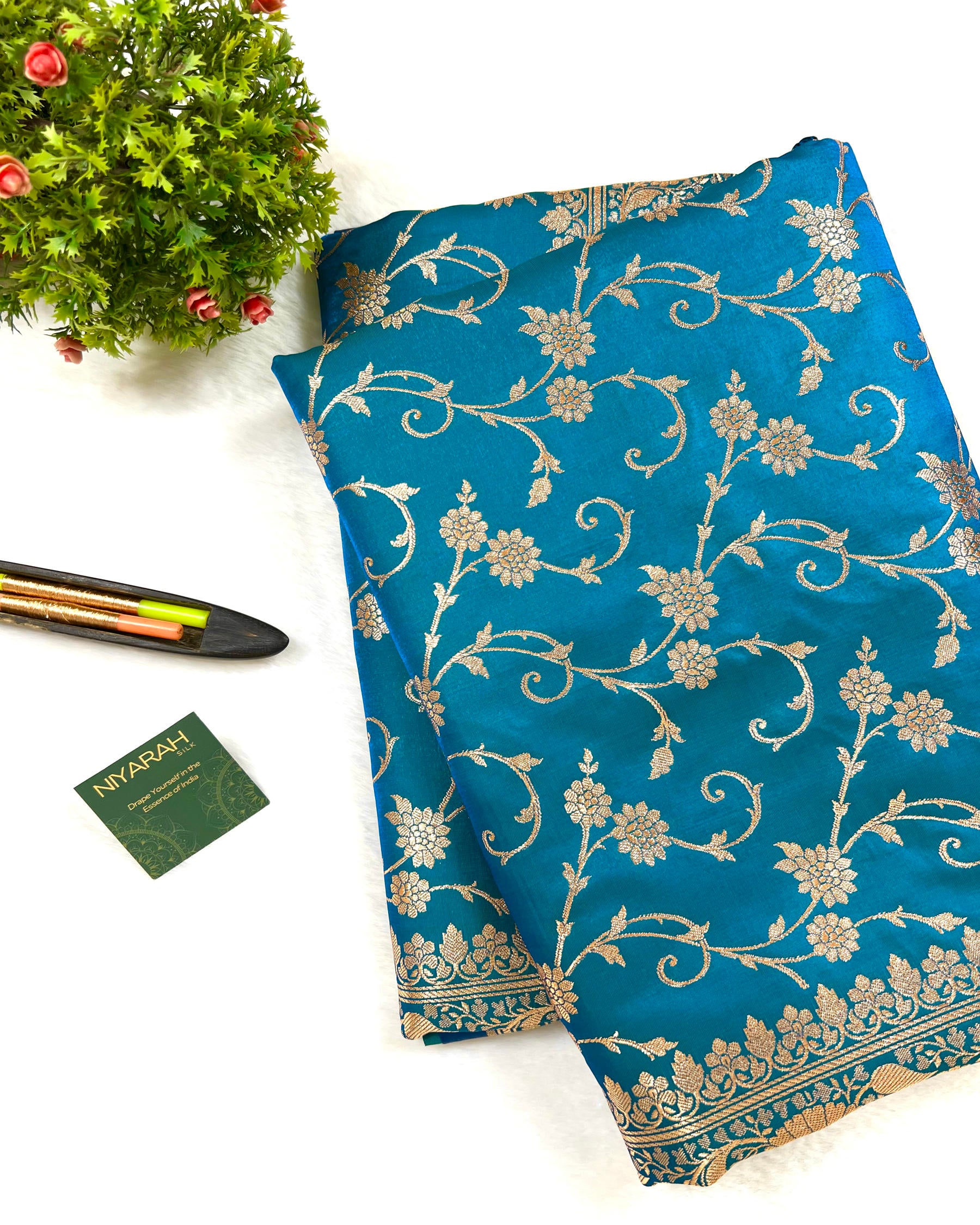 Turquoise Shades Floral Zaal Mashru Satin Silk Saree - Niyarah