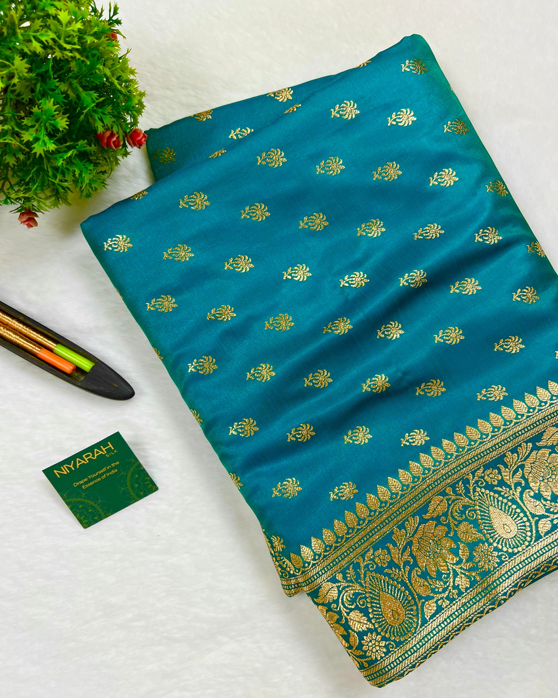 Soft Firozi Shades Banarasi Booti Mashru Satin Silk Saree - Niyarah