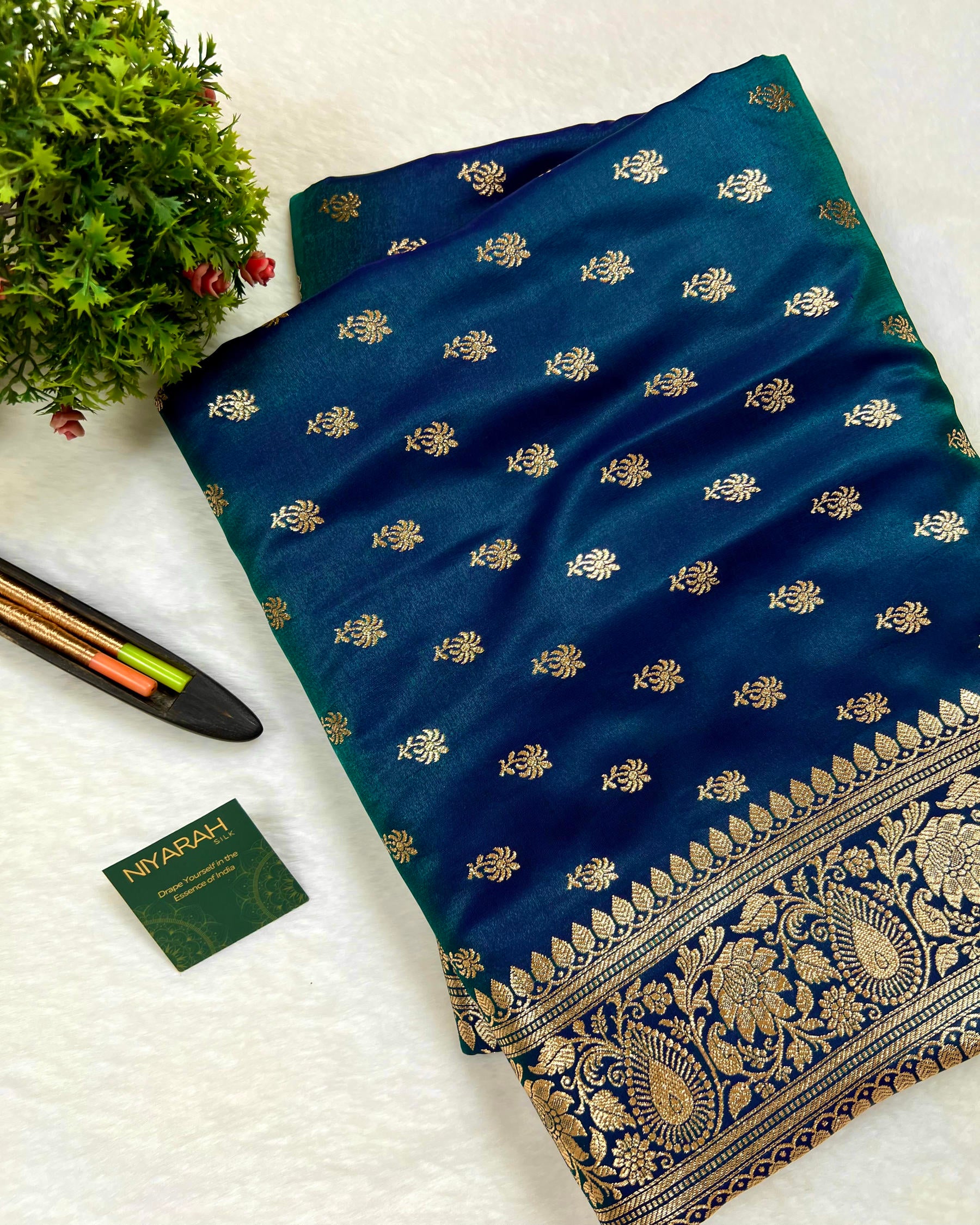 Cross Peacock Shades Banarasi Booti Mashru Satin Silk Saree - Niyarah