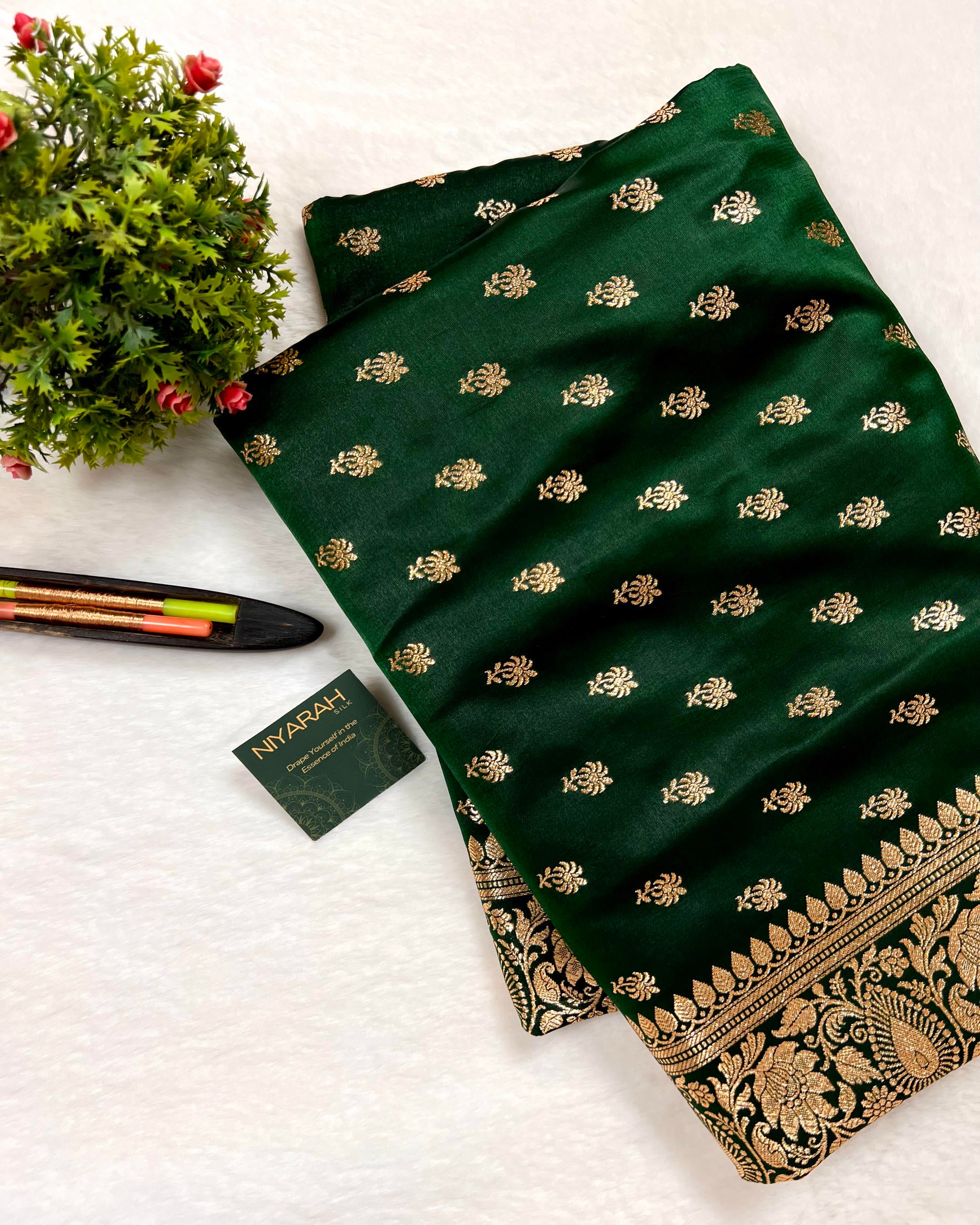 Soft Bottle Green Shades Banarasi Booti Mashru Satin Silk Saree - Niyarah