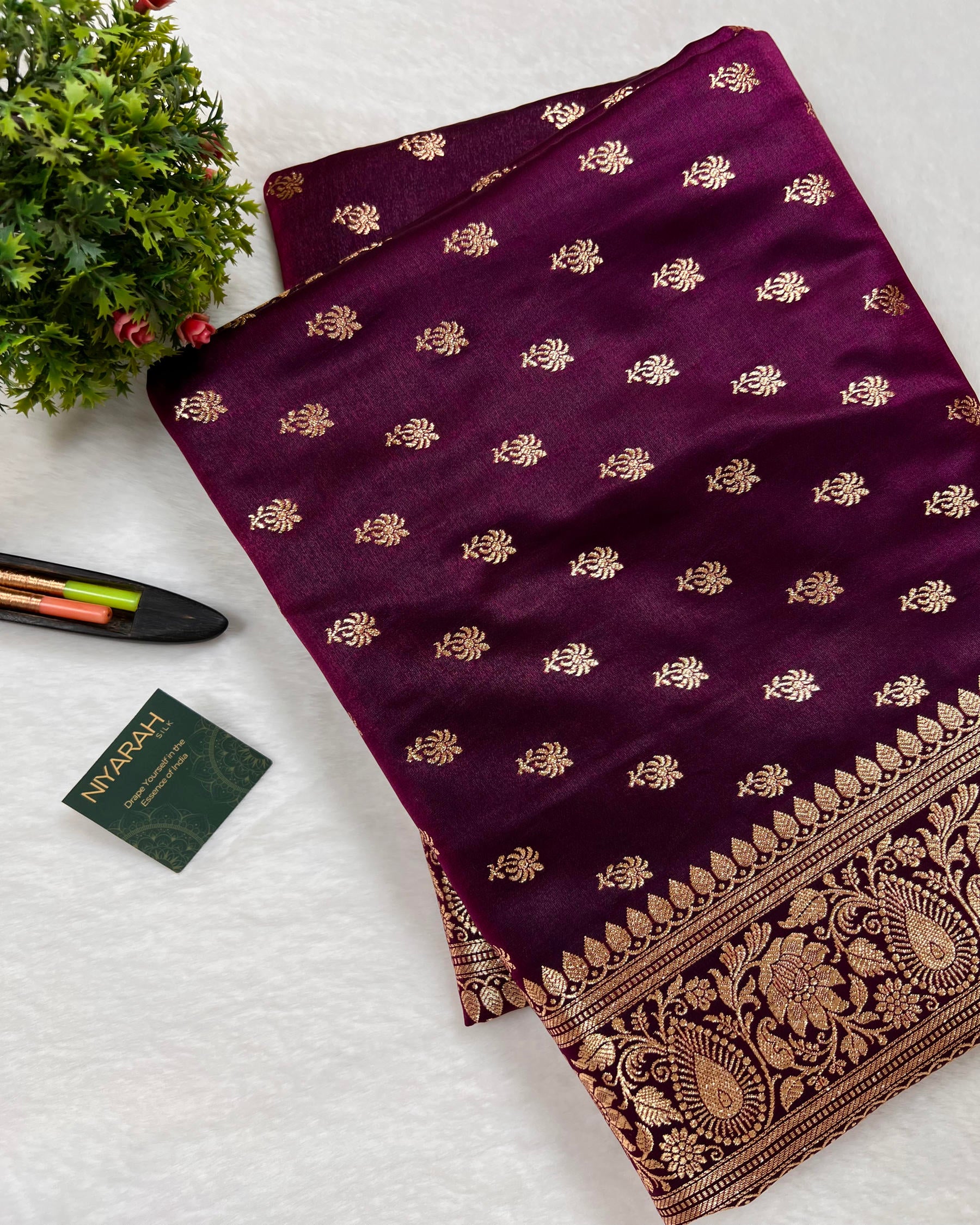 Soft Wine Shades Banarasi Booti Mashru Satin Silk Saree - Niyarah