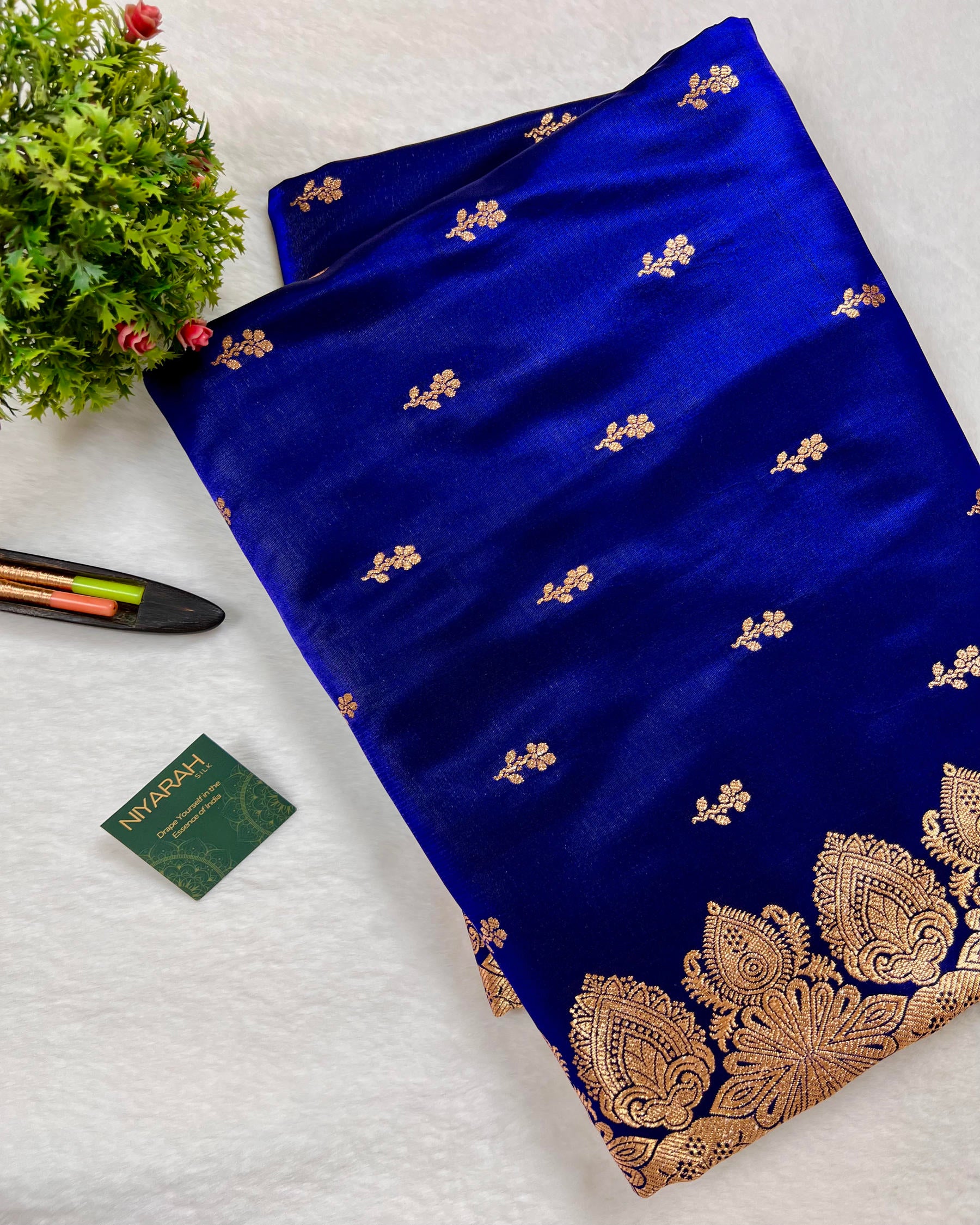 Royal Blue Banarasi Floral Booti Satin Silk Saree - Niyarah