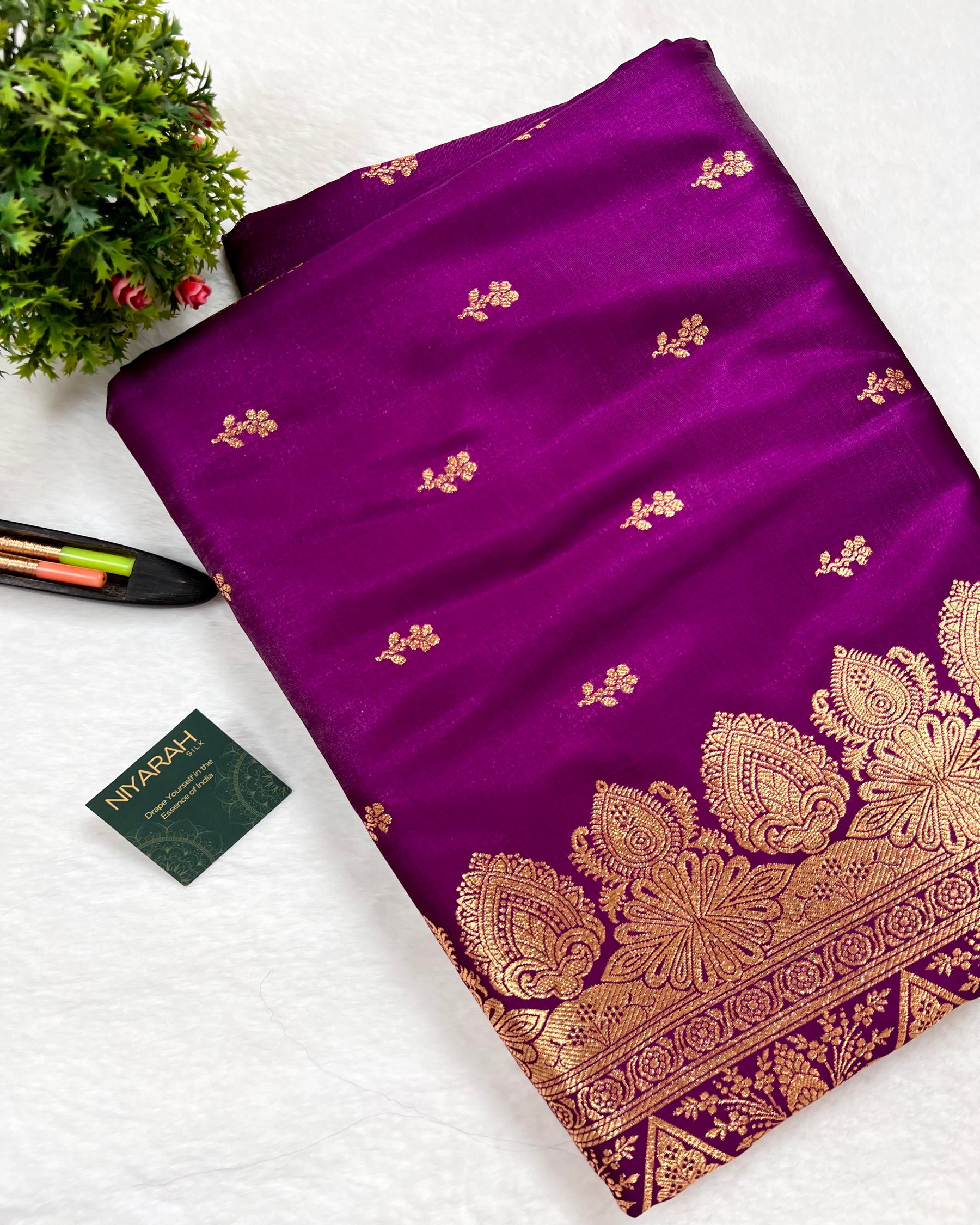Purple Banarasi Floral Booti Satin Silk Saree - Niyarah