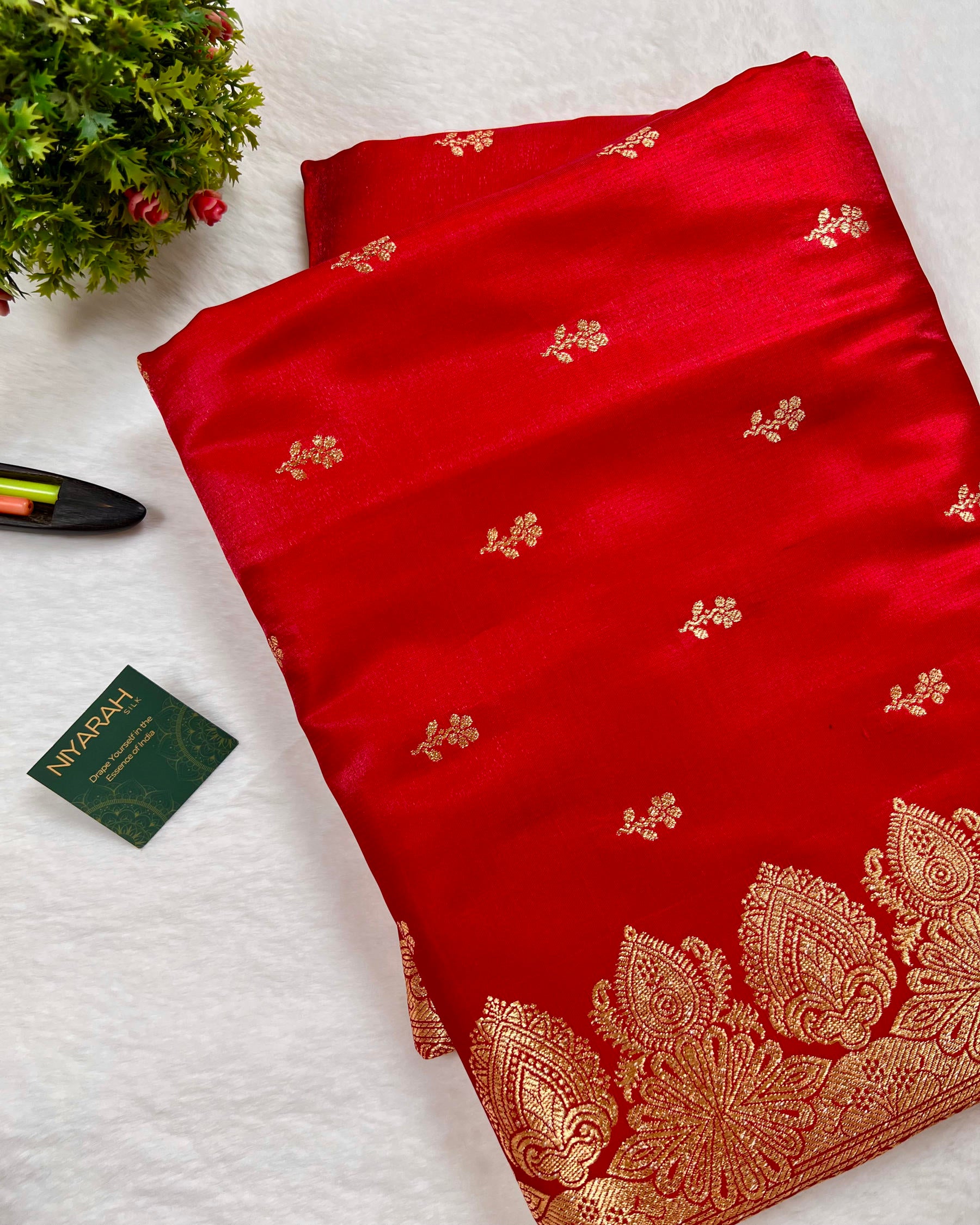 Red Banarasi Floral Booti Satin Silk Saree - Niyarah