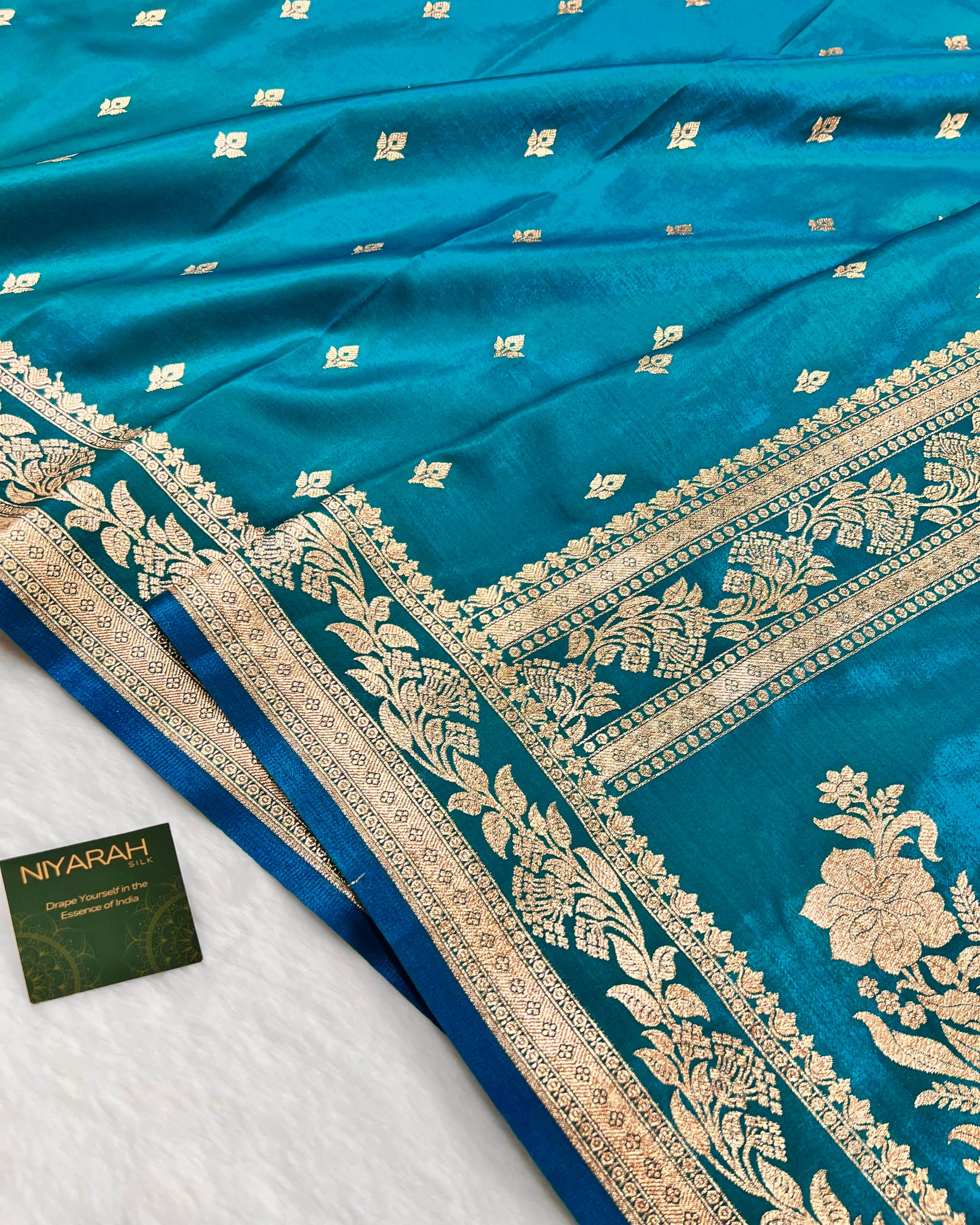 Turquoise Shades Banarasi Booti Mashru Satin Silk Saree - Niyarah