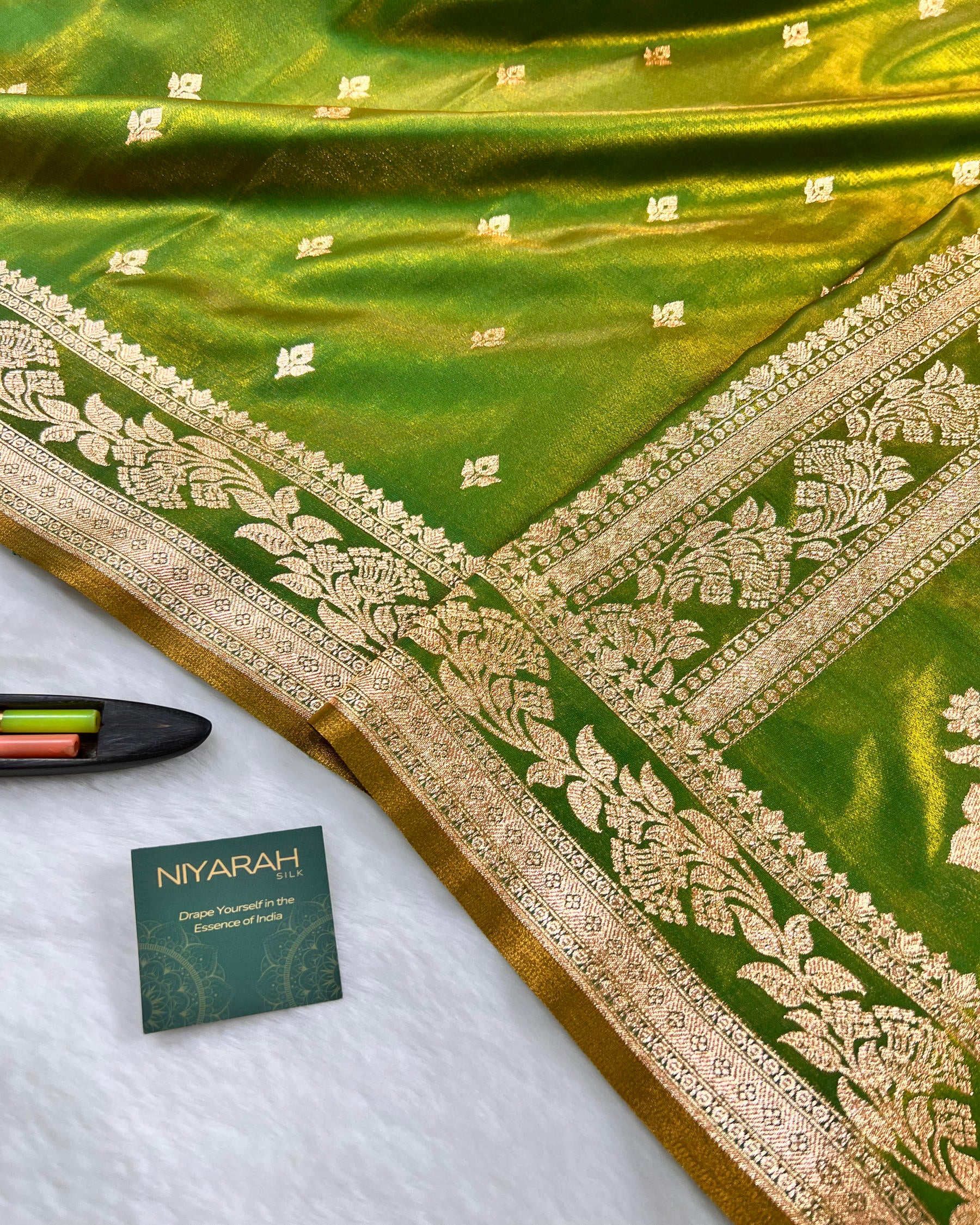 Mehandi Shades Banarasi Booti Mashru Satin Silk Saree - Niyarah