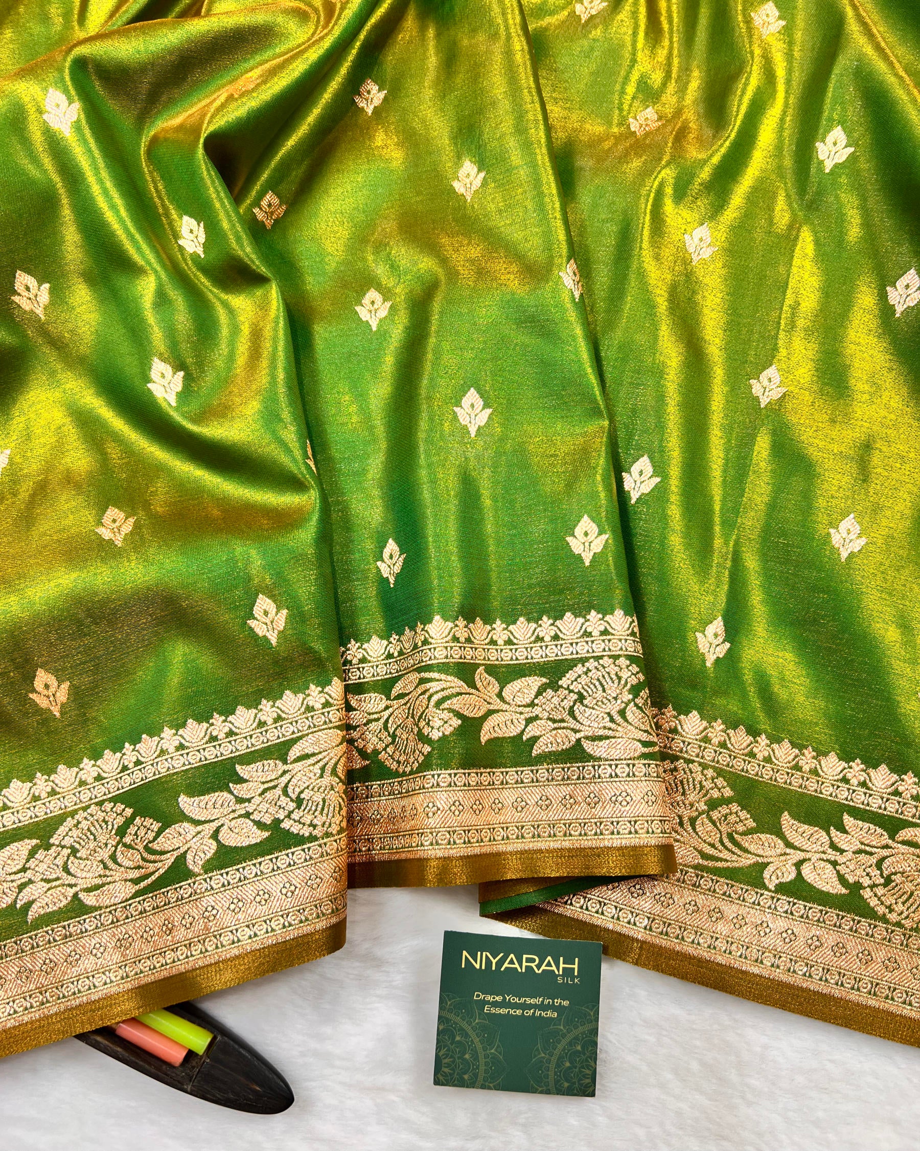 Mehandi Shades Banarasi Booti Mashru Satin Silk Saree - Niyarah